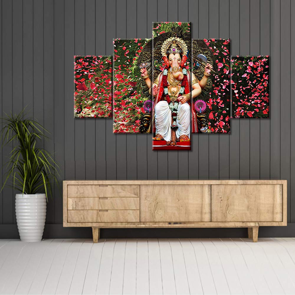 TUMOVO 5-Piece Ganesha Canvas Wall Art Set - Modern Hindu God Ganesha Paintings for Living Room & Bedroom Decor - Wooden Framed Spiritual Posters (60''Wx40''H) - Perfect for Meditation Spaces & Yoga Studios