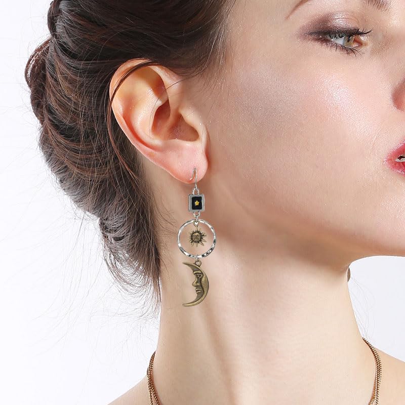 Opal Sun Moon Star Dangle Drop Earrings - Bohemian Retro Asymmetric Earrings with Greek Mythology Face Design for Women | Perfect for Festival, Boho Chic Outfits & Gift Giving