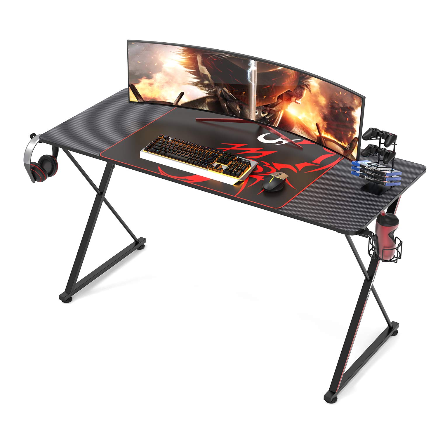 DESIGNA 55 Inch Gaming Desk - X-Shape Computer Desk with Mouse Pad, Cup Holder, Headphone Hook & Controller Stand - Ergonomic Gamer Workstation for PC, PS5, Xbox - Perfect for Home Office & Gaming Setup (Black)