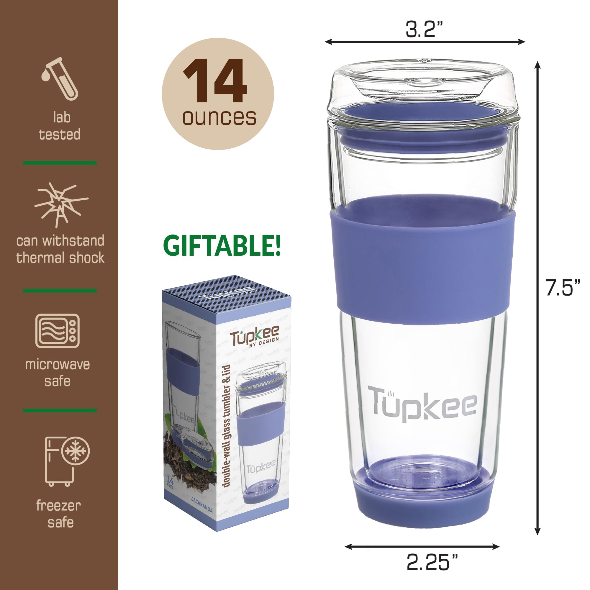 **Tupkee 14-Oz Double Wall Insulated Glass Tumbler - Reusable Coffee & Tea Travel Mug with Lid, Hand-Blown Glass, Jacaranda Color - 2 Pack - Perfect for Hot/Cold Drinks On-The-Go**