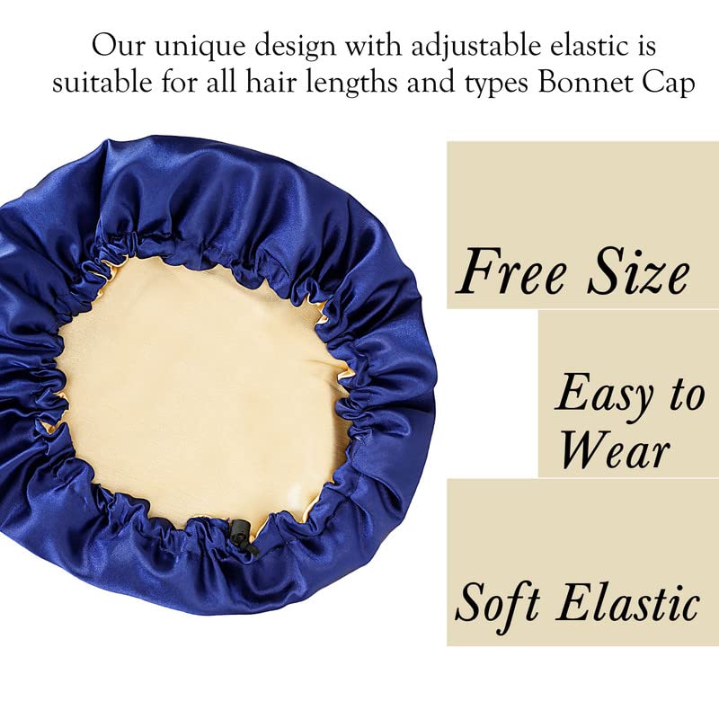 Reversible Satin Bonnet for Women - Adjustable Sleep Cap for Hair Protection & Comfort - Old Tree Design (Blue & Gold) - Perfect for Nighttime Hair Care & Travel Accessories