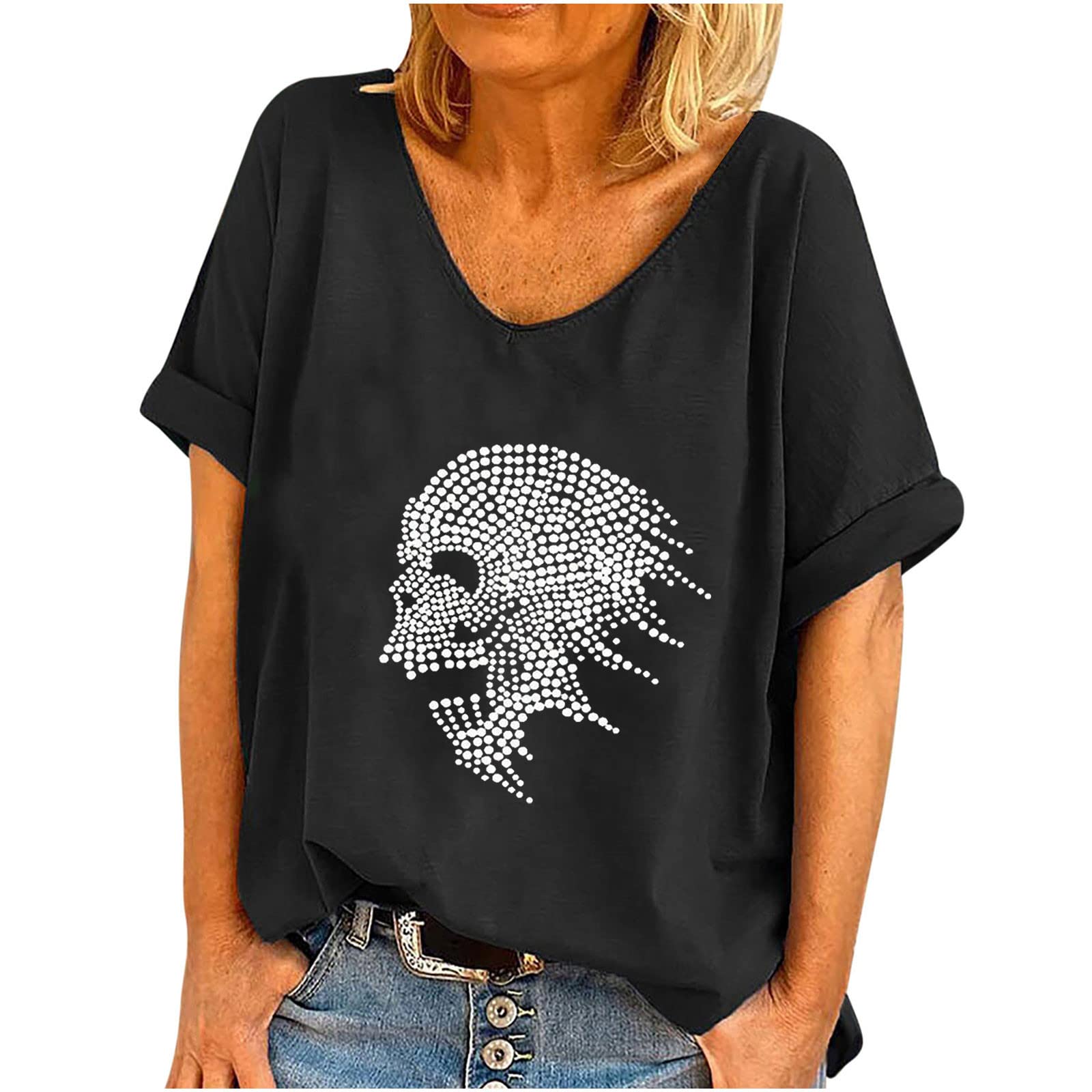 Plus Size Y2K V-Neck T-Shirt for Women | Short Sleeve Casual Top with Edgy Skull Print | Trendy Graphic Blouse for Streetwear & Night Out