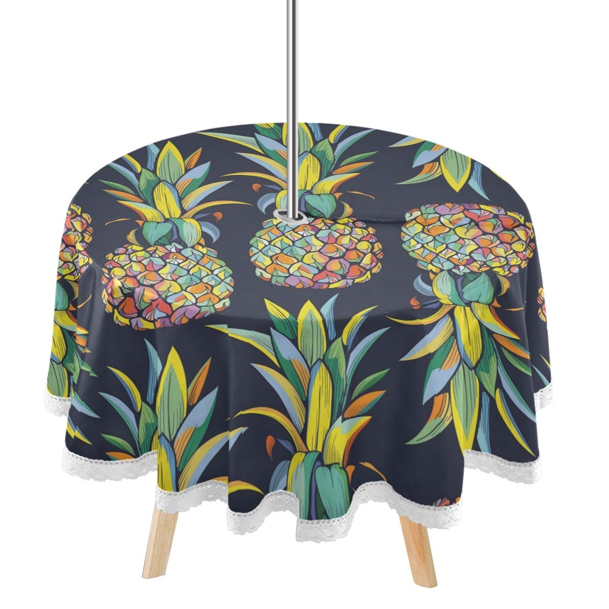 DOMIKING 60 Inch Round Outdoor Tablecloth - Pineapple Print Waterproof Washable Table Cover with Umbrella Hole & Zipper for Patio, Backyard BBQs, Picnic, and Poolside Dining