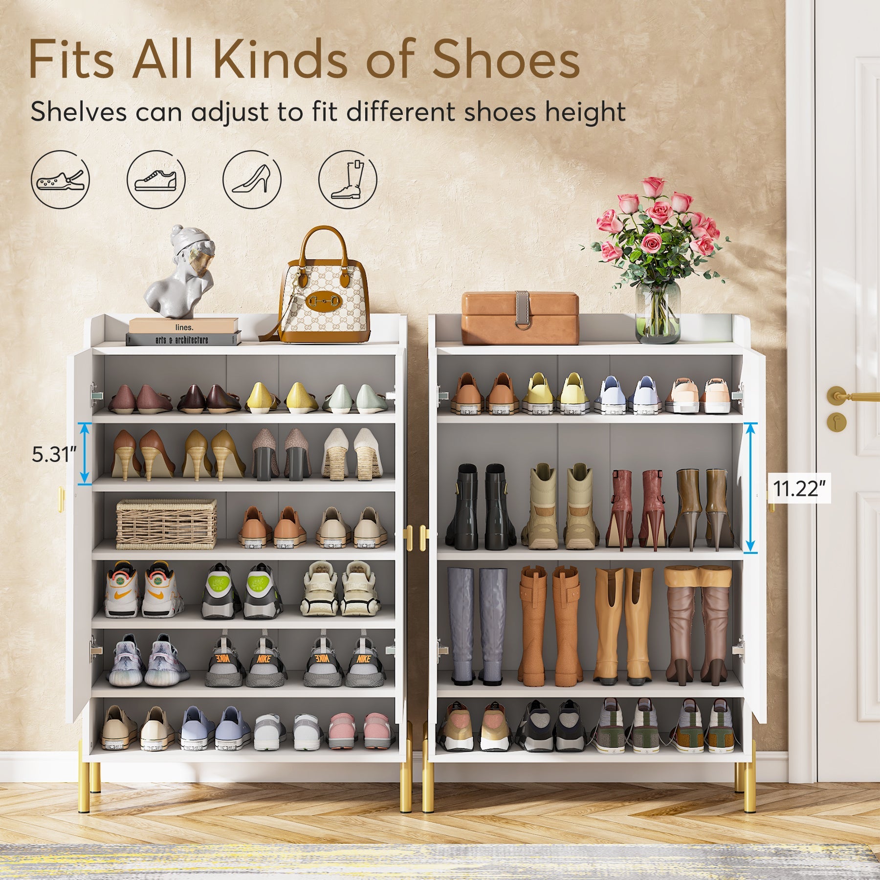 6-Tier Wooden Shoe Cabinet with Adjustable Shelves - Entryway Shoe Organizer for Closet, Hallway & Mudroom Storage - Space Saving Shoe Rack for Home Organization