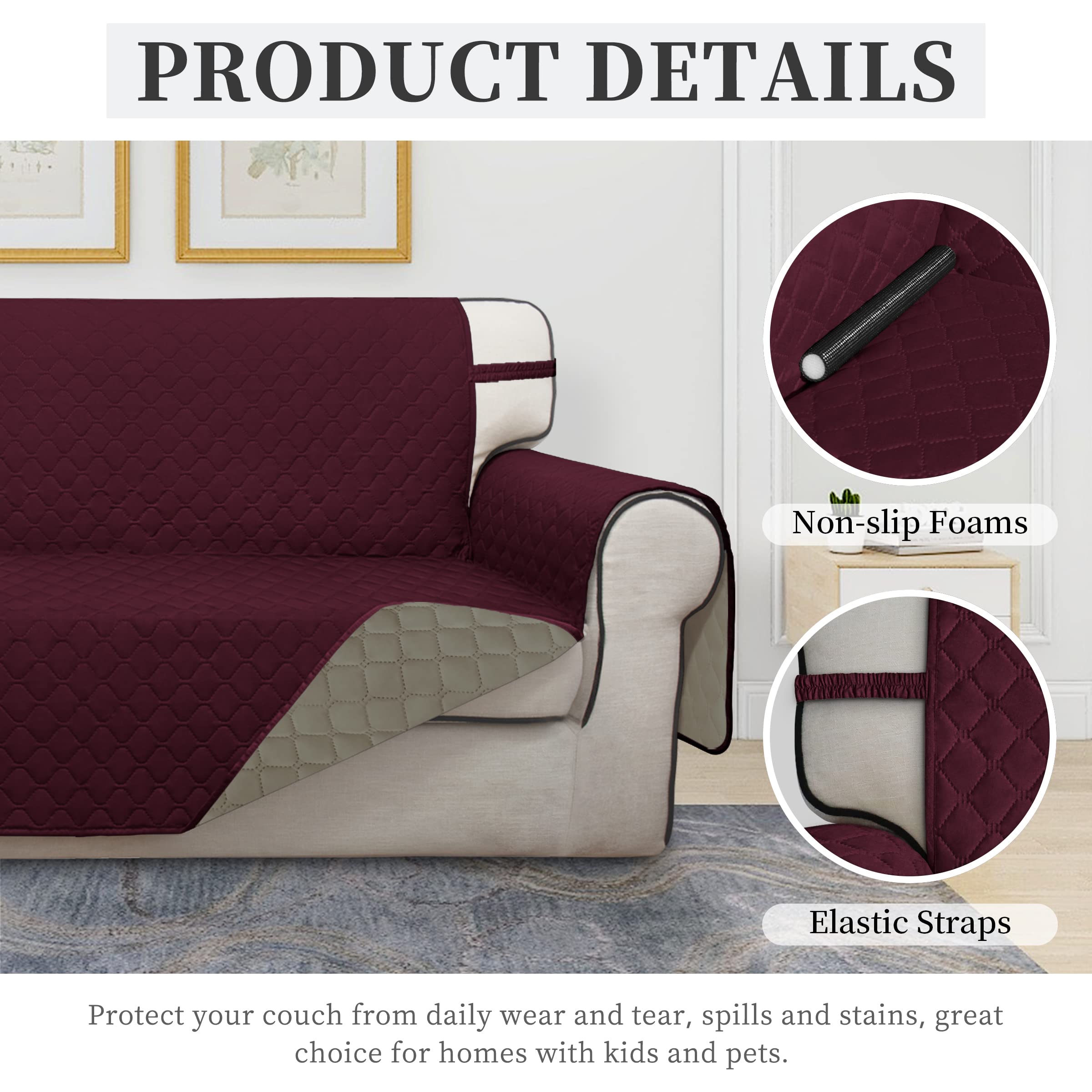 **ISSUNTEX Double Protection 100% Waterproof Sofa Cover for Living Room – Reversible 3-Cushion Couch Cover, Pet & Kid Proof Furniture Protector (Wine/Beige) – Perfect for Homes with Dogs, Kids, and Spills**