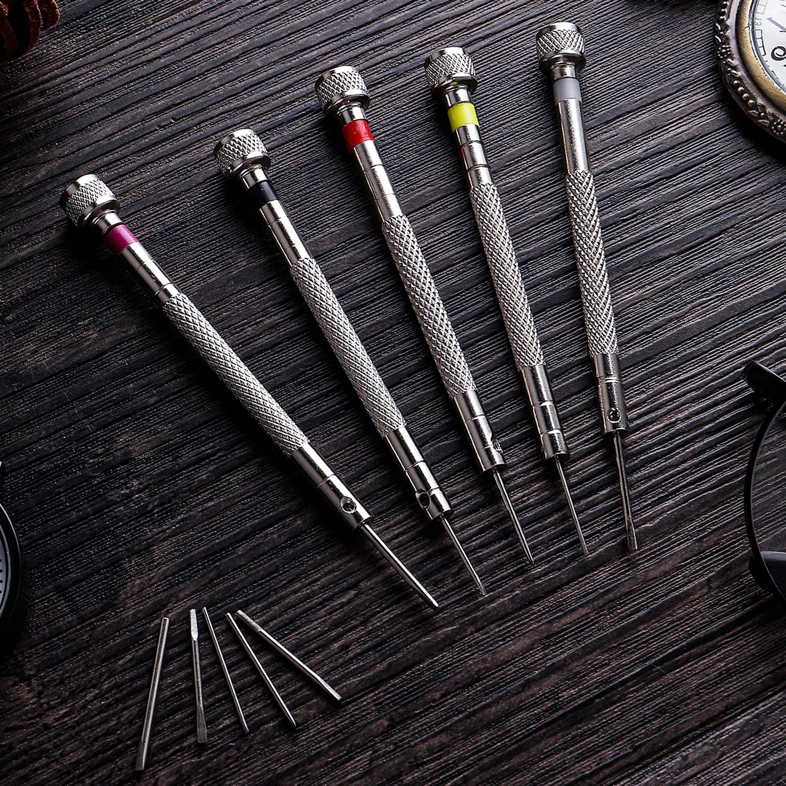5Pcs Mini Slotted Screwdriver Set - Precision Watch & Jewelry Repair Kit with 5 Spare Bits (0.8mm-1.6mm) - Ideal for Eyeglasses, Electronics, Watches & Delicate Device Maintenance