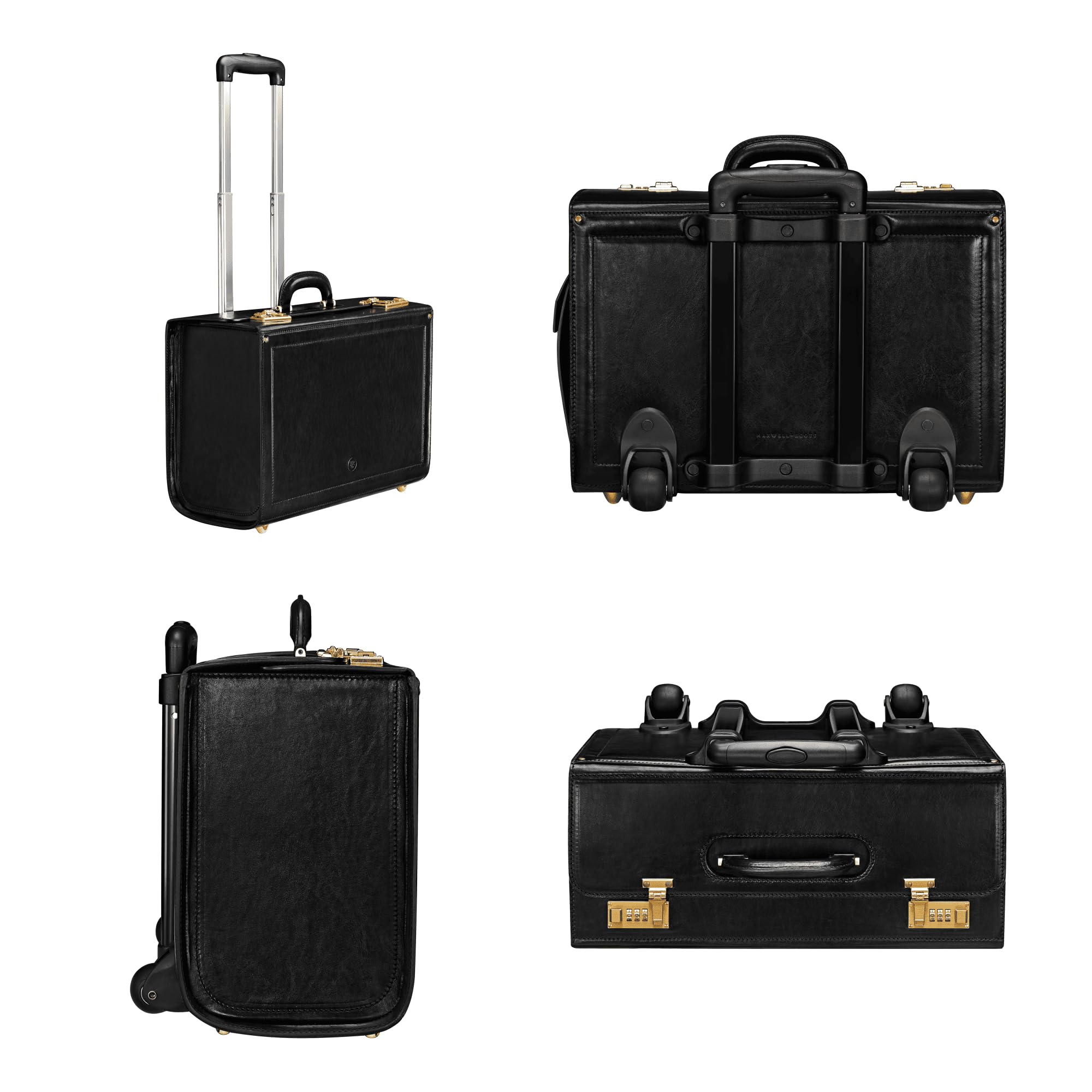 Maxwell Scott Personalized Men's Luxury Leather Rolling Wheeled Pilot Briefcase - The VareseW Black | Professional Business Travel Carry-On Case for Airplane & Office Use