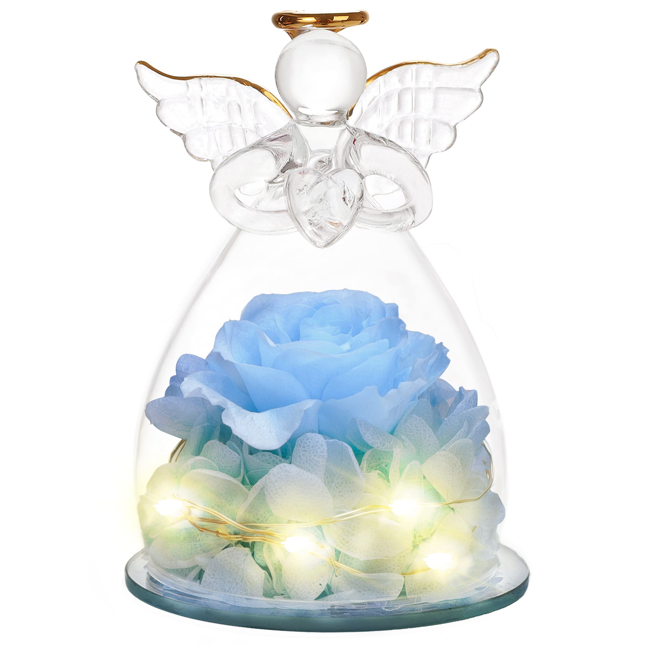 Eternal Preserved Rose in Glass Angel Figurine with LED Light - Romantic Birthday Gift for Women, Mom, Grandma | Valentine's Day, Mother's Day, Anniversary Present | Perfect for Home Decor, Wedding Centerpiece & Special Occasions