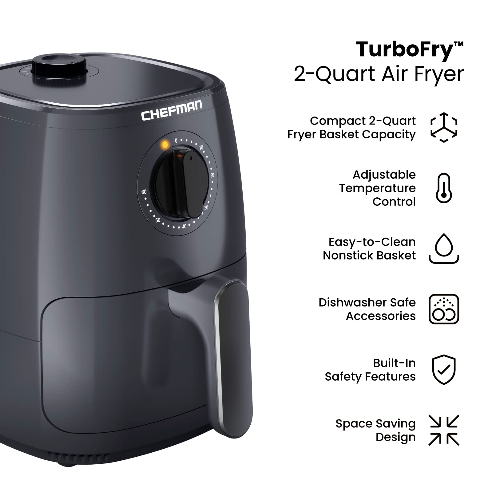 Chefman TurboFry 2-Quart Air Fryer - Oil-Free Healthy Cooking, Dishwasher Safe Basket & Tray, 60-Minute Timer, Adjustable Temp Control with Indicator Lights - Perfect for Crispy Fries, Chicken Wings & Family Meals