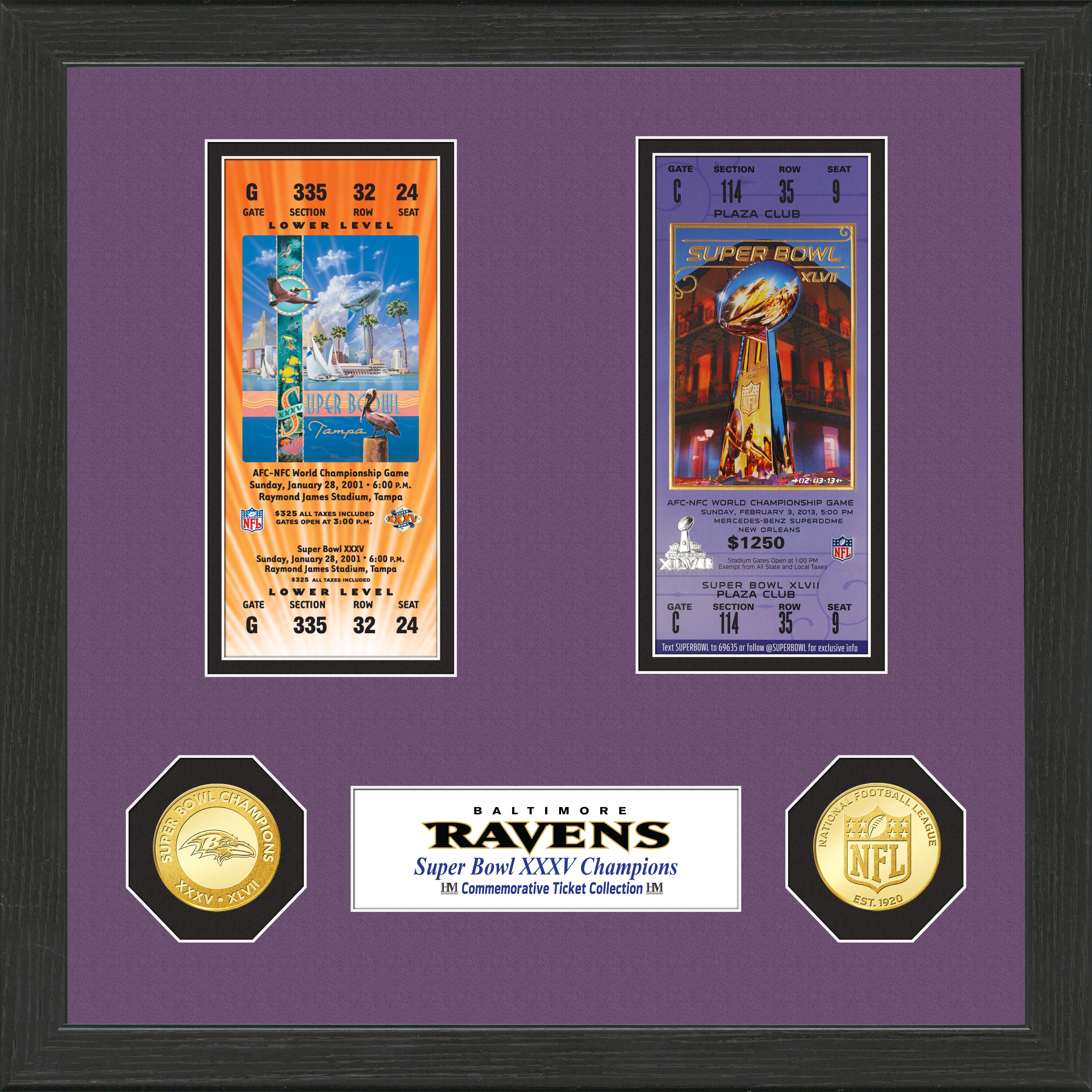Baltimore Ravens 2-Time Super Bowl Championship Ticket Collection - Perfect for NFL Fans, Sports Memorabilia Collectors & Ravens Superfans - Great for Man Cave, Sports Room Decor & Football Gift Ideas
