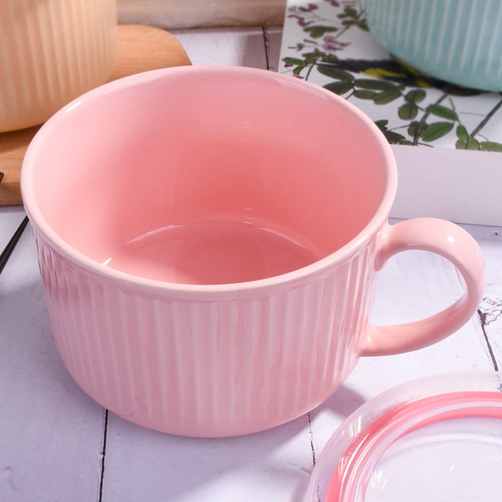 Microwavable Ceramic Soup Bowl with Lid - 30.4oz for Oatmeal & Noodles - Pink Modern Style - Perfect for Office Lunch & Quick Meals