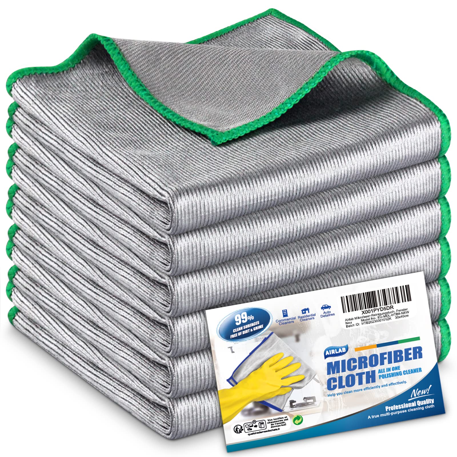 Airlab 6-Pack Magic Glass Cleaning Cloths - Double-Sided Lint-Free Microfiber Towels for Streak-Free Cleaning | Perfect for Wine Glasses, Windows, Mirrors, Dishes & Kitchen Surfaces (30x30cm) - Ideal for Home, Office & Car Cleaning