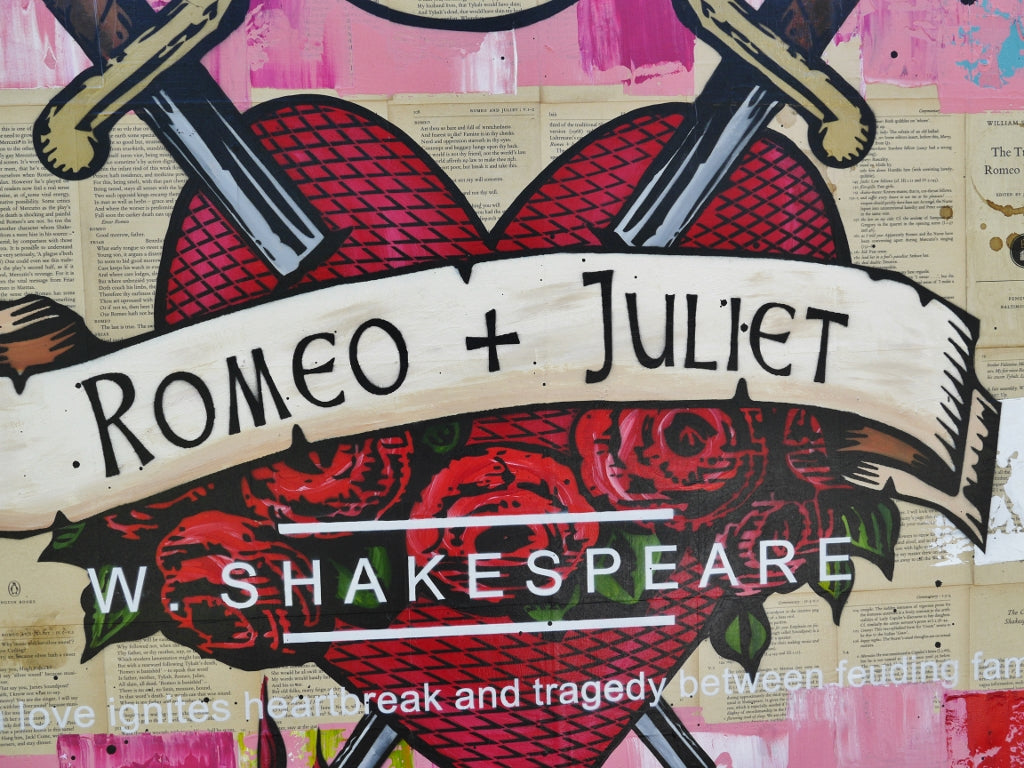 Hearts on Fire 120cm x 100cm Romeo & Juliet Urban Pop Art Painting - Perfect for Book Club Decor & Modern Living Room Wall Art