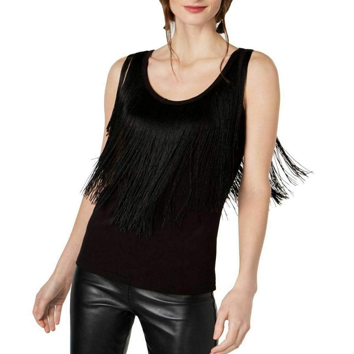 INC Women's Fringe Tank Top - Black Size M | Stylish Summer Casual Top for Beach, Party & Everyday Wear