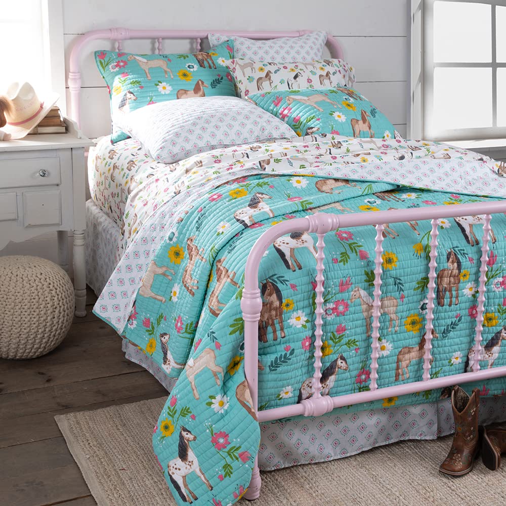 Rod's True Western Horse Girls Cotton Quilt - Pony Daisy Flower Design in Turquoise, Pink, Yellow, Brown, Tan, Green & White - Full/Queen Size (86x86 inches) - Perfect for Western-Themed Bedrooms, Guest Rooms, and Cowgirl Decor