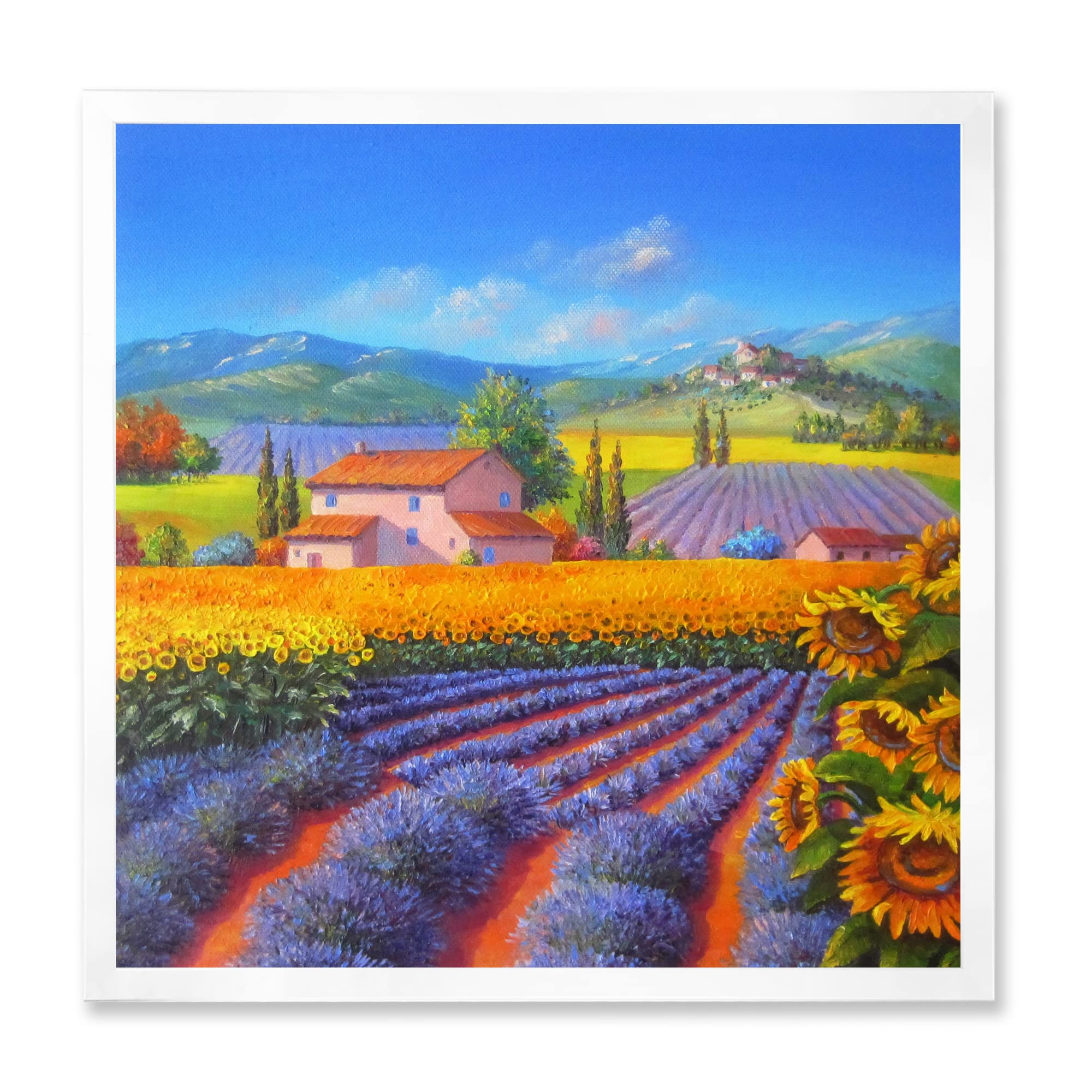 DesignQ Lavender and Sunflower Fields Traditional Framed Wall Art - Hand-Painted Canvas Painting for Living Room, Bedroom & Office Decor