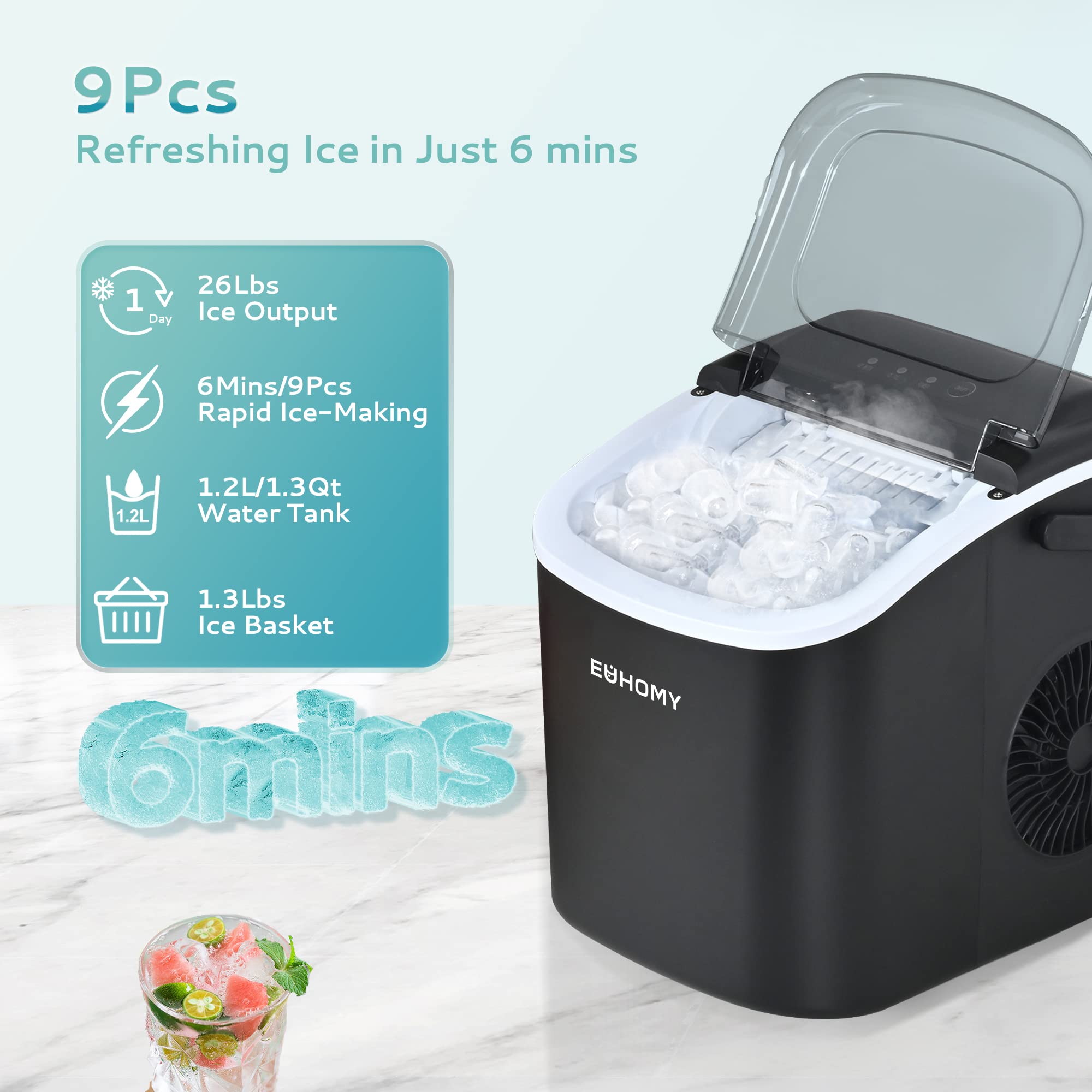 EUHOMY Portable Countertop Ice Maker Machine - 26lbs/24Hrs, 9 Cubes in 6 Mins - Auto-Cleaning with Ice Basket & Scoop - Compact Ice Maker for Home, Kitchen, RV, Camping & Outdoor Use (Black)