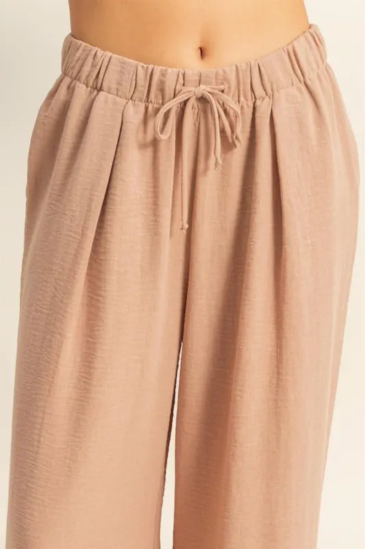 Beige Elastic Waist Wide Leg Pants for Women - Comfortable Stretchy High Waist Palazzo Trousers for Office, Travel & Casual Wear