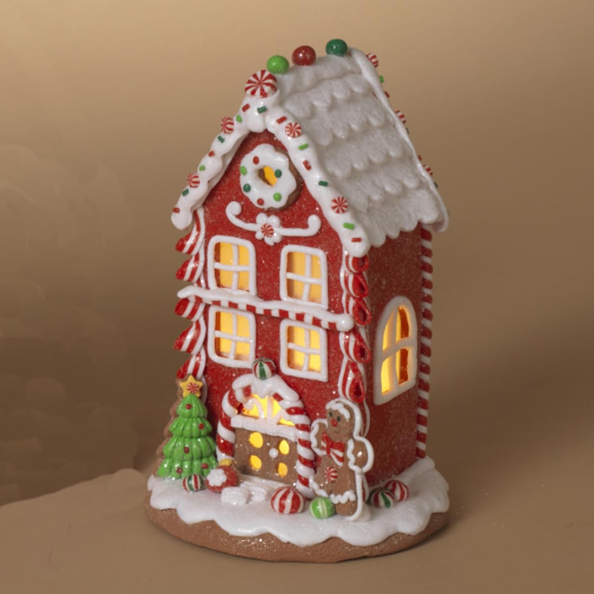 8.5-Inch Red LED Gingerbread House Decor - Lighted Clay Dough Christmas Village Tabletop Decoration for Holiday Home, Party & Xmas Tree Display