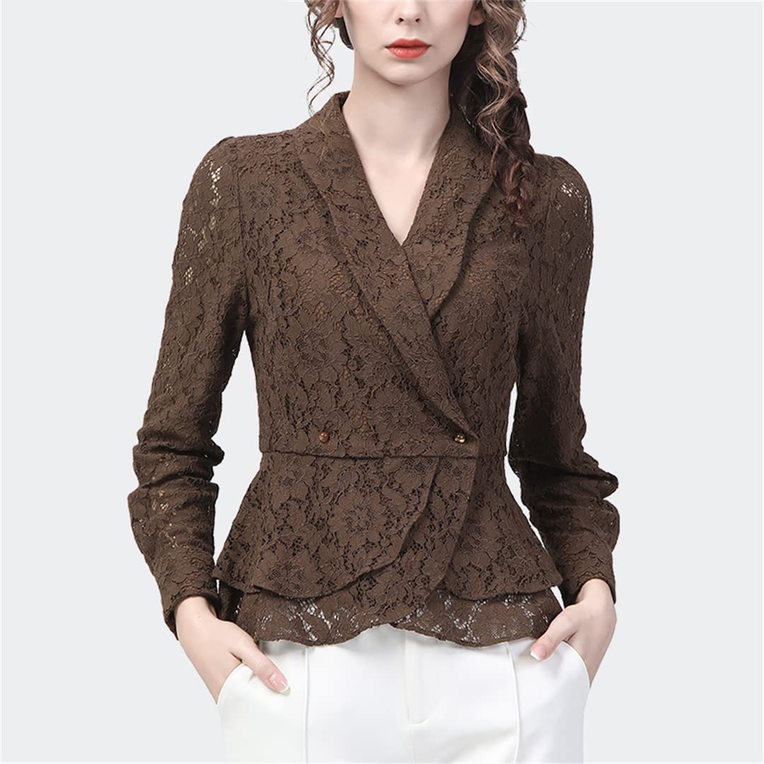 Women's Long Sleeve Lace Blouse - Slim Fit V-Neck Suit Collar Cardigan Top for Office Ladies | Elegant Workwear & Business Casual Attire for Professional Women
