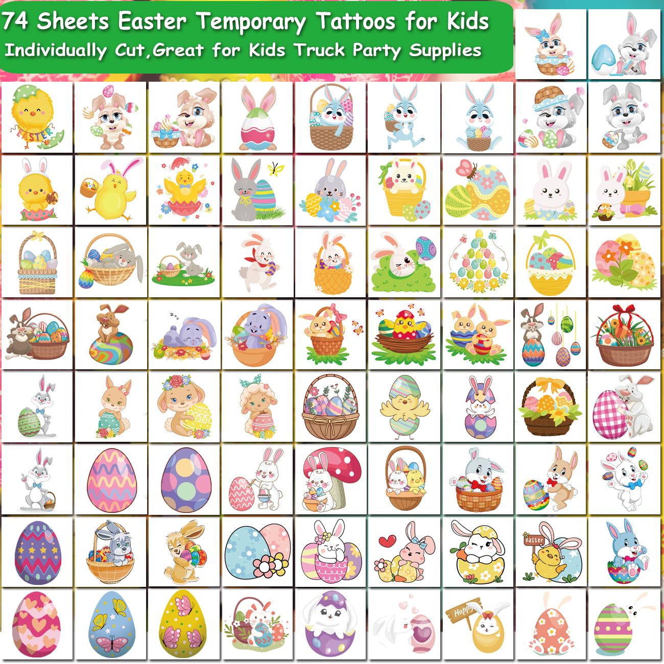 Easter Temporary Tattoos for Kids - 74 Sheets Easter Egg & Bunny Tattoos for Boys & Girls - Party Favors, Goodie Bag Fillers - Perfect for Easter Celebrations, Birthday Parties & Classroom Activities