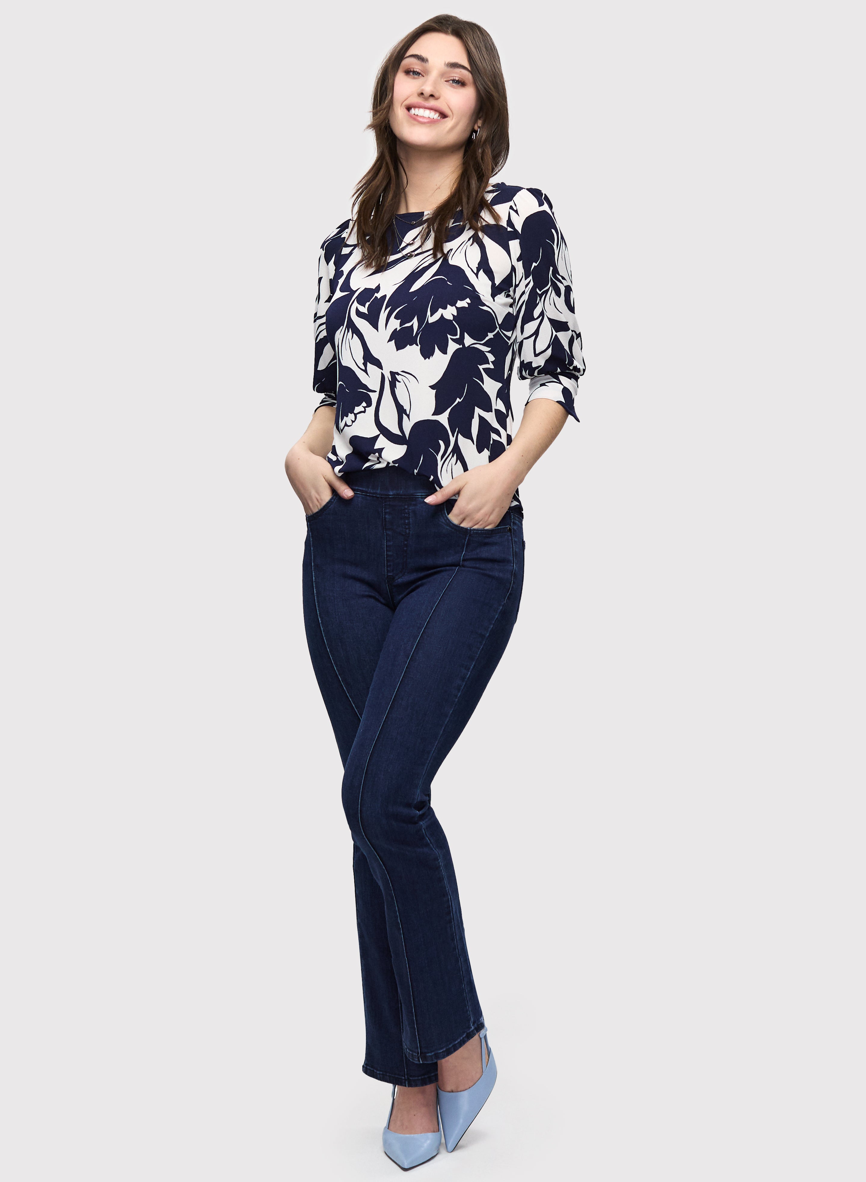 Floral Print 3/4 Sleeve Blouse & Bootcut Denim Jeans Set for Women | Spring Summer Outfit for Casual Wear, Office & Date Night