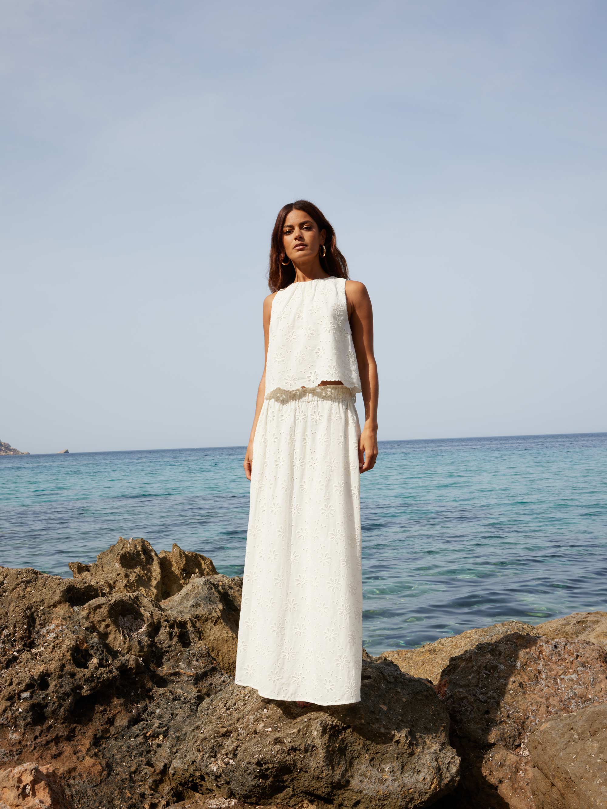 Ivory Broderie Maxi Skirt for Women - Elegant Floral Embroidered Long Skirt with Side Slit | Perfect for Beach, Wedding & Summer Outfits