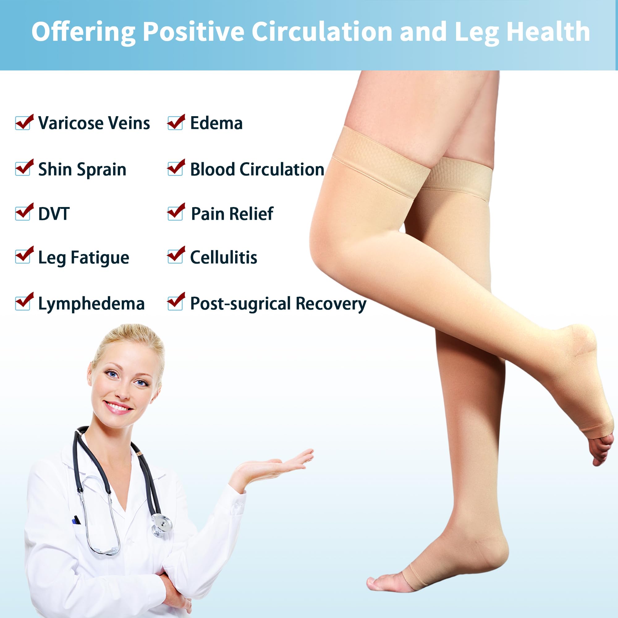 20-30 mmHg Thigh High Compression Stockings for Women & Men - Open Toe with Silicone Dot Band - Ideal for Varicose Veins, Swelling Relief & Long Flights