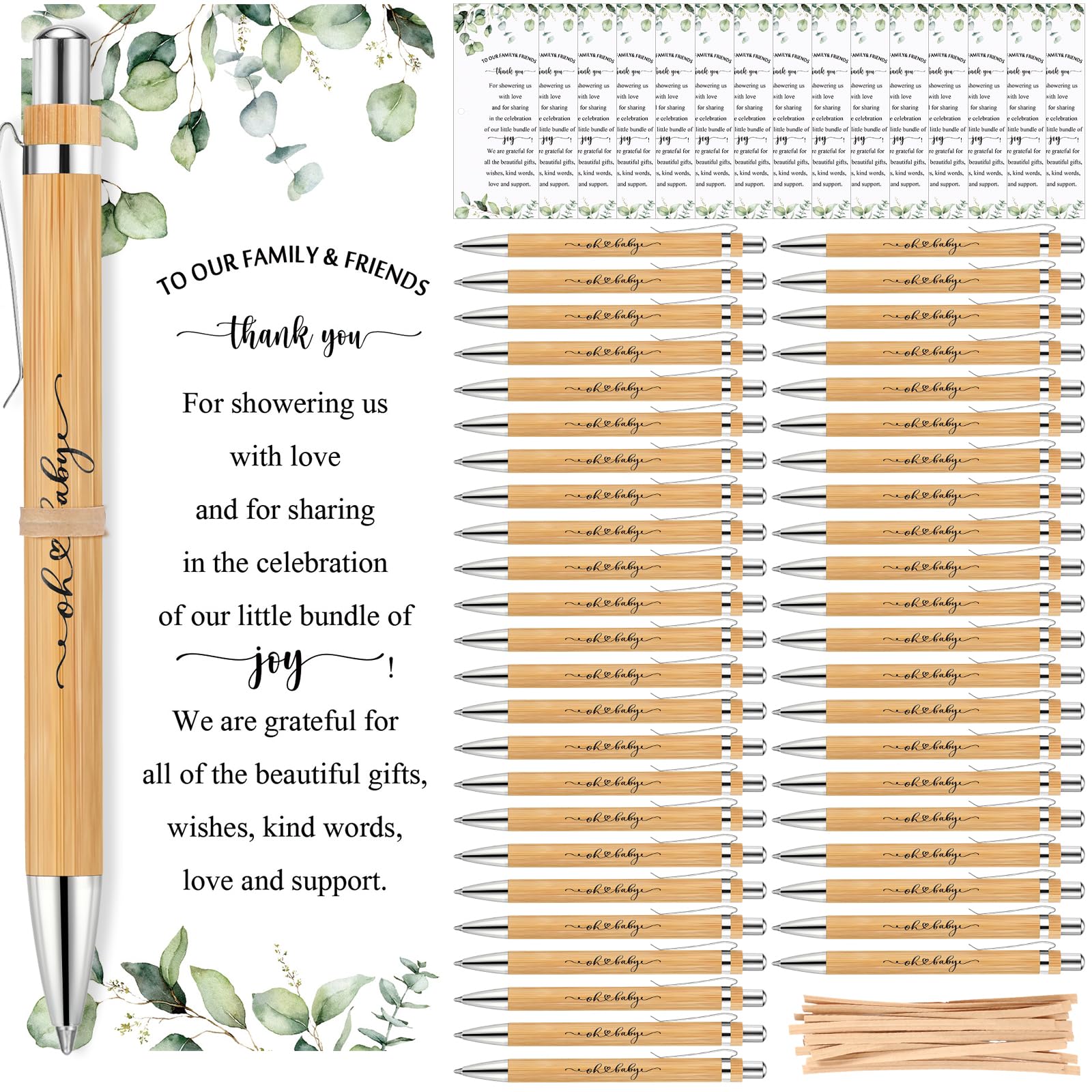 Yeaqee 100 Sets Woodland Safari Baby Shower Favors - Greenery Themed Guest Gifts with Retractable Bamboo Pens, Gender Reveal Cards & Souvenirs - Perfect for Baby Showers, Gender Reveal Parties & Thank You Prizes