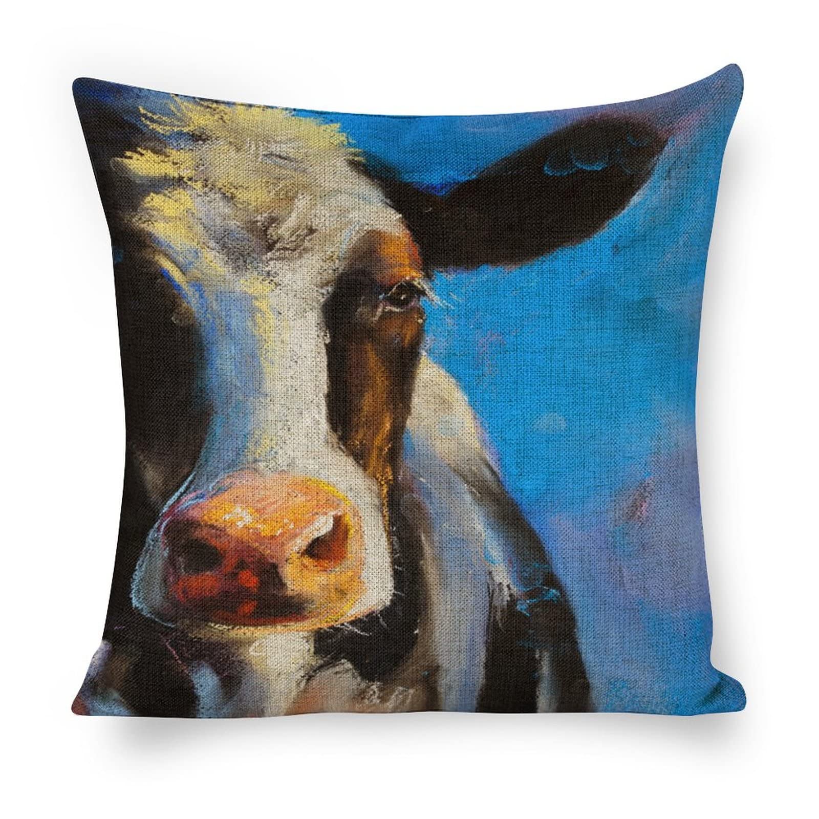 WoBnay 18x18 Inch Farmhouse Cow Oil Painting Pillow Covers - Cotton Linen Square Cushion Covers for Sofa, Bed, Home Decor | Rustic Country Living Room & Farmhouse Style Accent Pillows