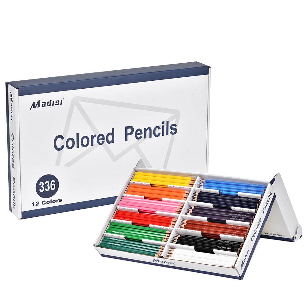Madisi Colored Pencils Bulk Pack - 336 Pre-Sharpened Assorted Color Pencils (12 Vibrant Colors) - Perfect for Classroom, Art Projects & Coloring Books
