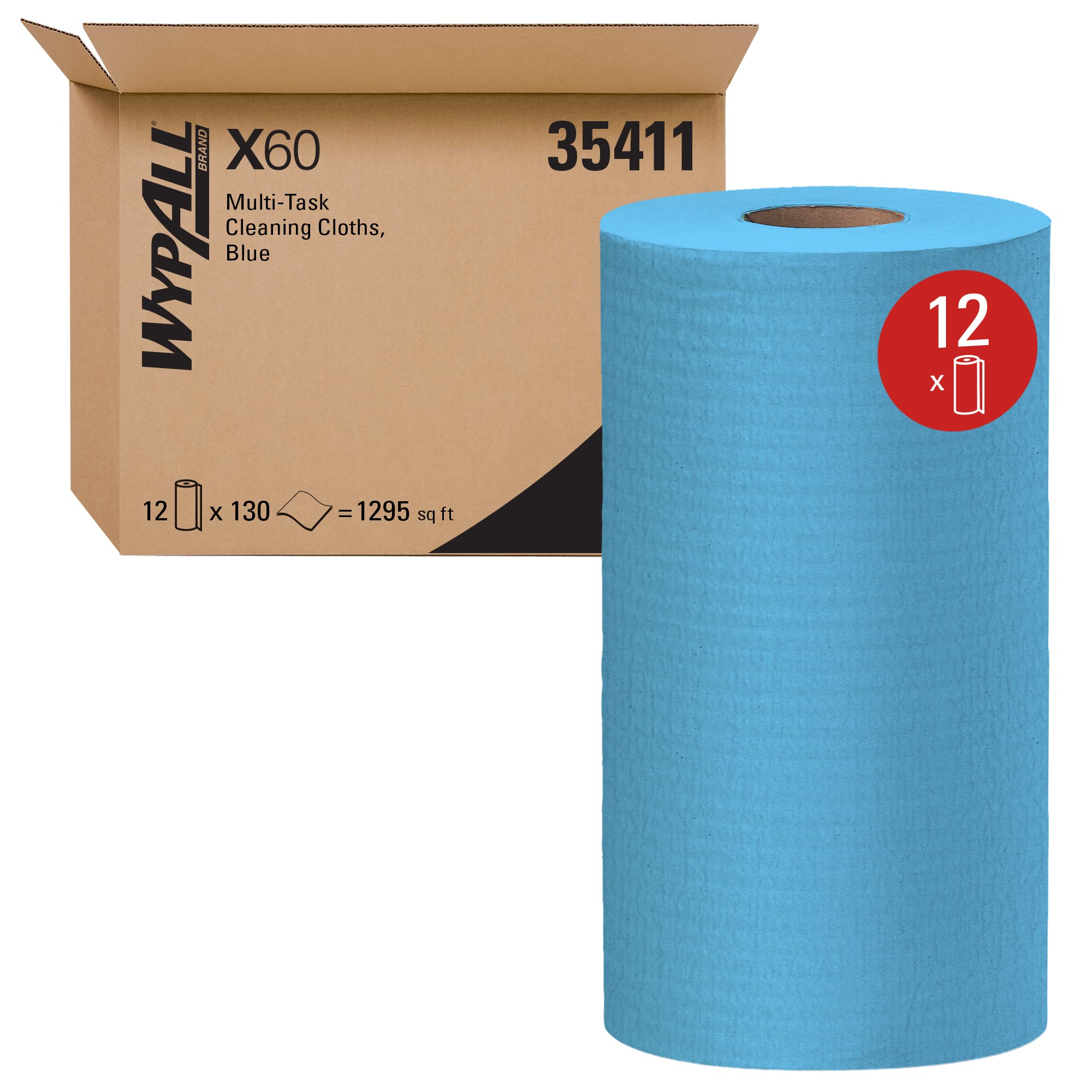 WypAll GeneralClean X60 Multi-Purpose Cleaning Wipes (35411) - Heavy-Duty, Absorbent Blue Towels, 130 Sheets/Roll, 12 Rolls (1,560 Total) - Ideal for Industrial, Automotive & Home Deep Cleaning