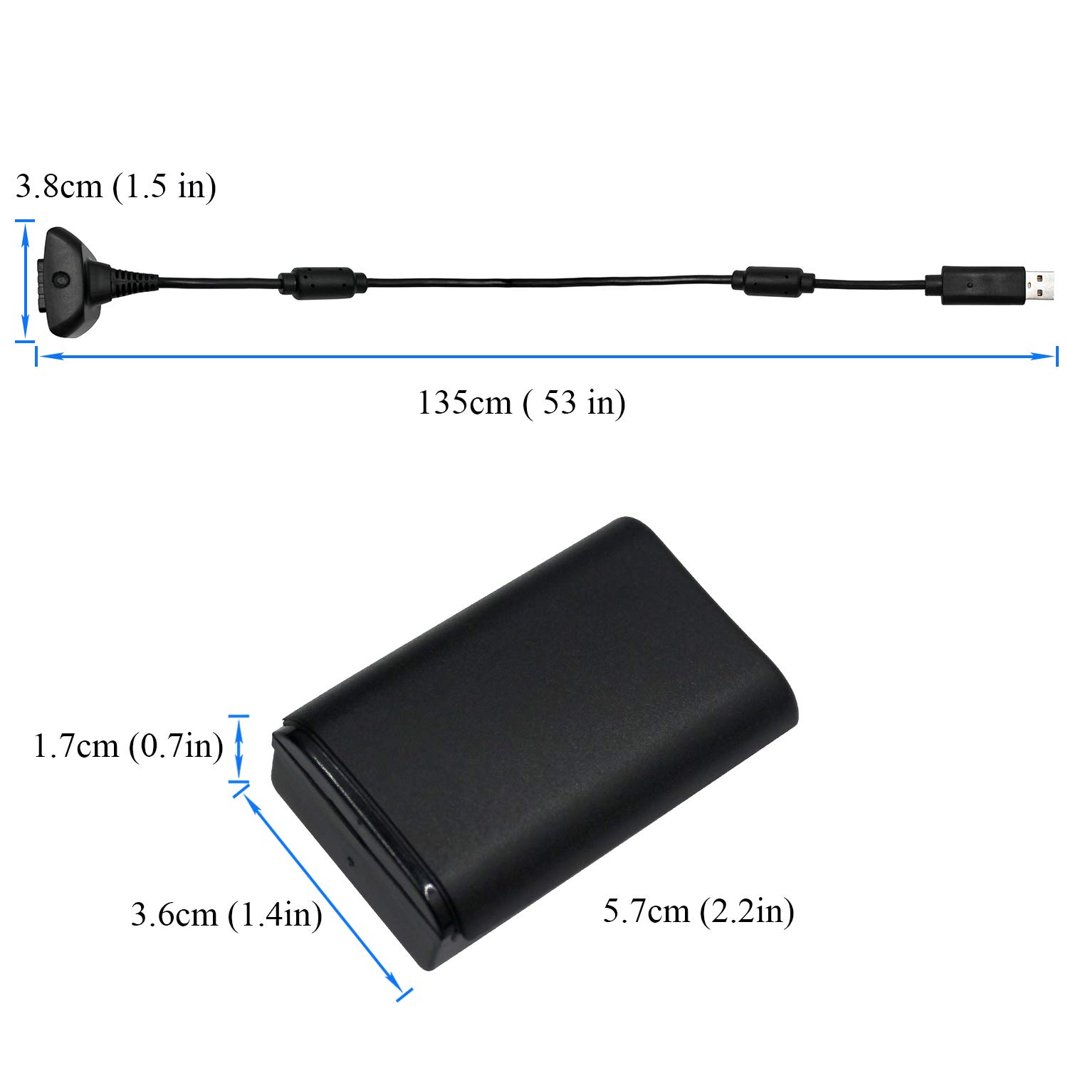 OSTENT 2-in-1 Charging Cable with Rechargeable Battery Pack for Xbox 360 Wireless Controller - Black | Fast Charging Solution for Gaming Sessions & Travel