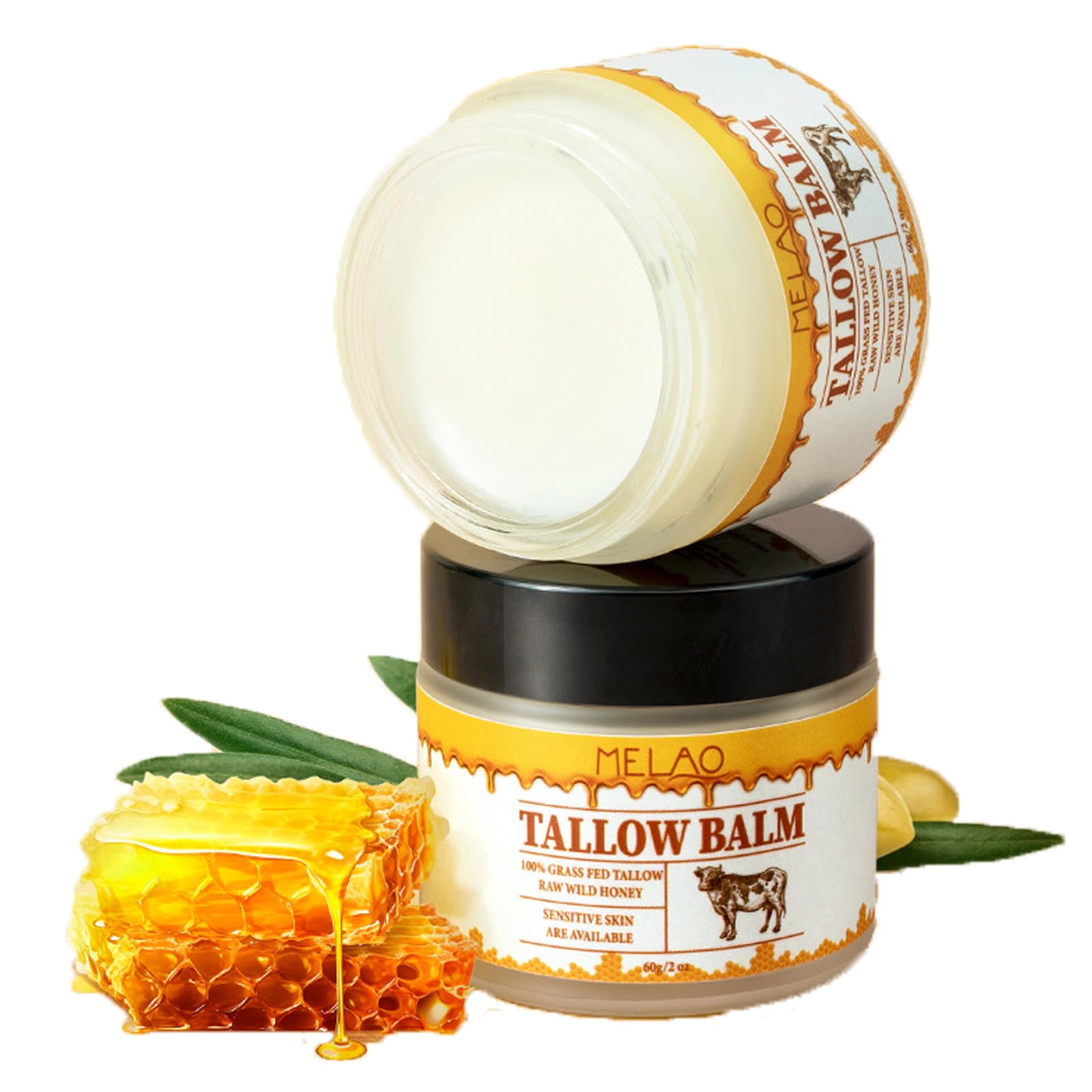 Organic Beef Tallow & Wild Honey Face Moisturizer - Natural Hydrating Cream with Grass-Fed Tallow, Olive Oil & Vitamin E for Dry, Cracked Skin - Daily Nourishing Balm for Face & Body Care