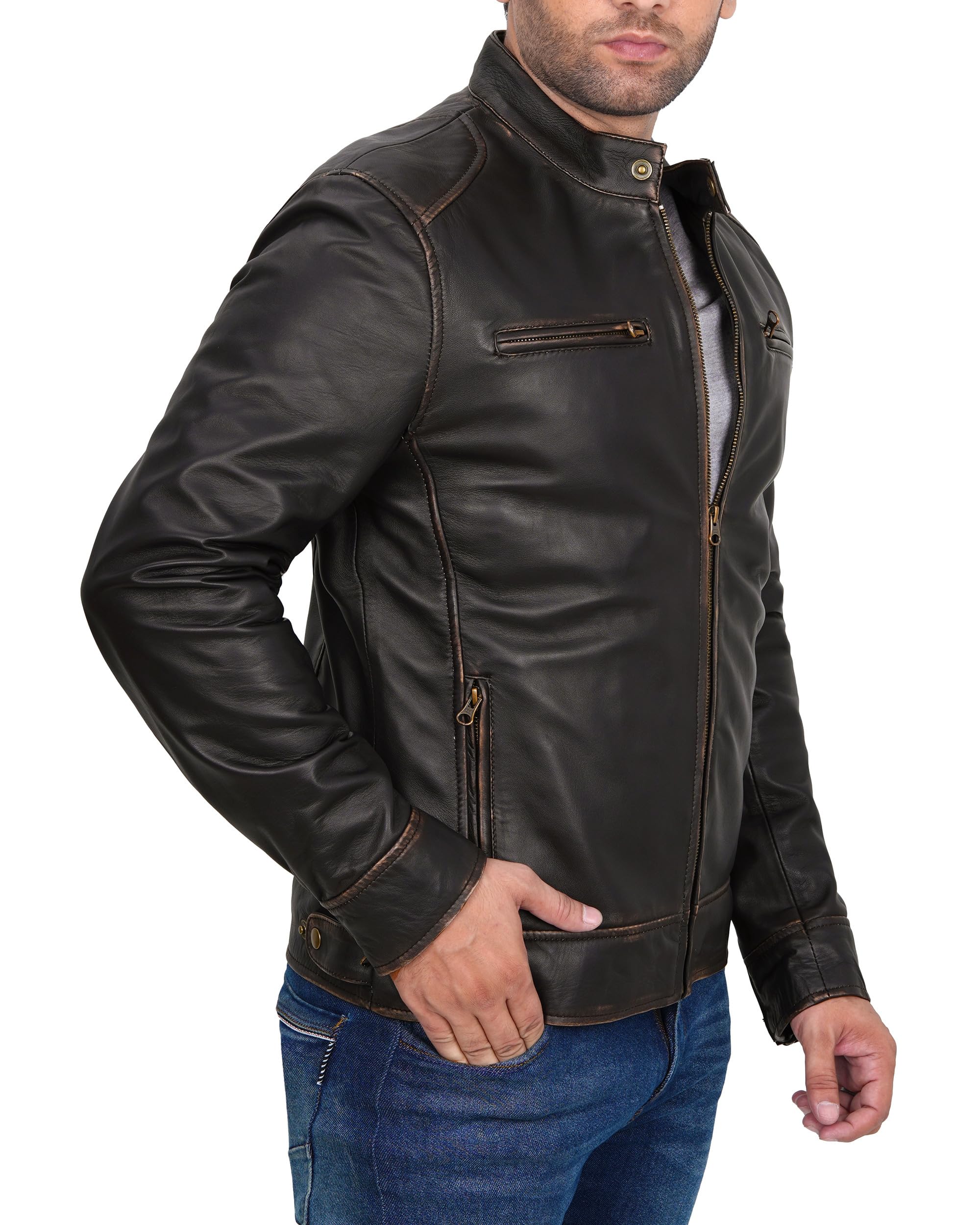 Decrum Men's Real Lambskin Leather Jacket - Classic Cafe Racer Style Motorcycle Jacket for Bikers & Fashion | Perfect for Riding, Casual Wear & Night Out