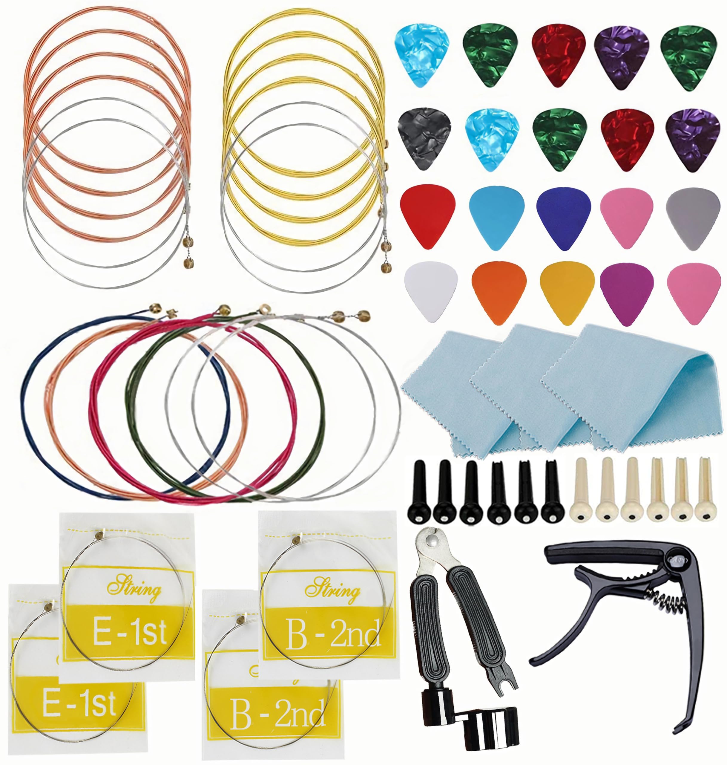 Premium 59-Piece Acoustic Guitar Accessories Kit - Includes Strings, Picks, Capo, Winder, Bridge Pins, Pin Puller & Cleaning Cloth - Perfect for Guitar Maintenance, Practice & Live Performances