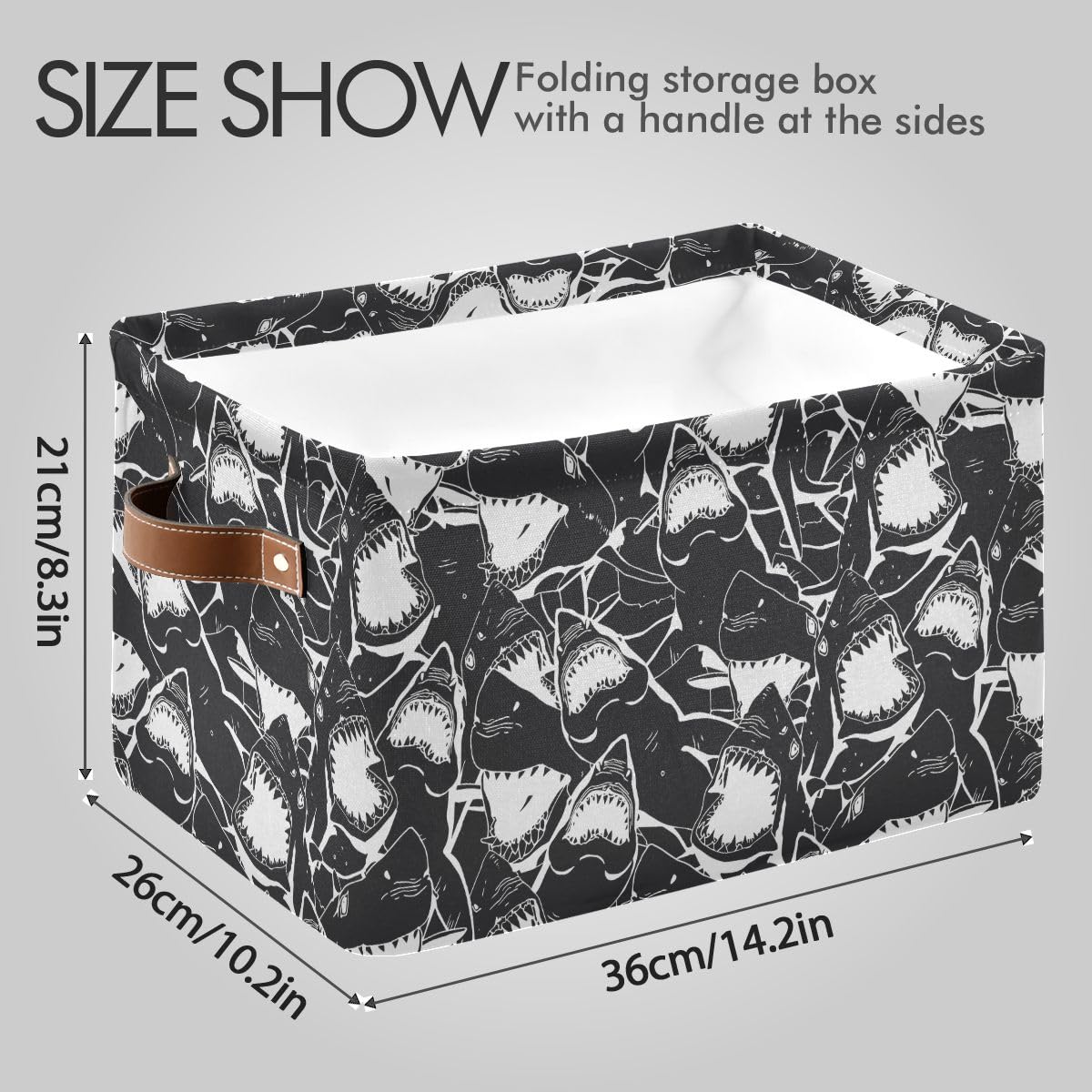 Angry Sharks Black Collapsible Storage Basket with Handles - 2 Pack Foldable Decorative Organizer for Clothes, Toys, Books | Perfect for Bedroom, Nursery, Playroom & Office Organization