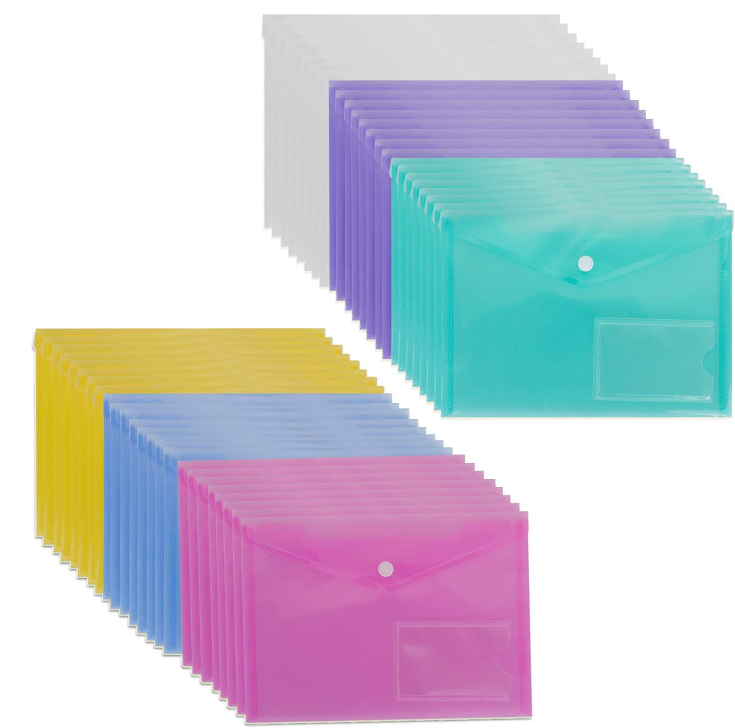 48 Pack A5 Snap Button Poly Envelope Folders - Clear Plastic Document Envelopes for School, Office & Home Organization - 6 Assorted Colors | Perfect for Certificates, Reports, Receipts & Paper Storage