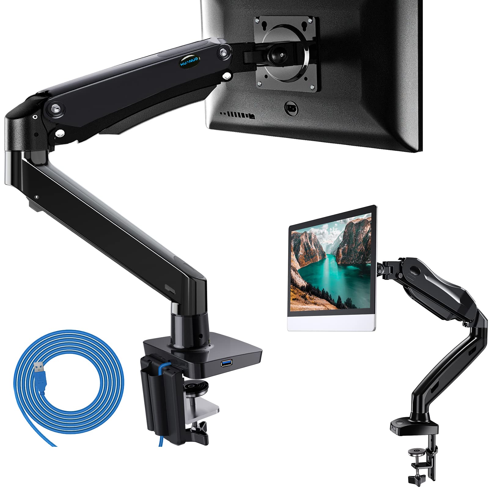 HUANUO 2-in-1 Monitor Mount Bundle - Heavy Duty Adjustable Stand for 17-35 Inch Screens | Dual Monitor Arm for Home Office & Gaming Setup | Ergonomic VESA Mount for LCD Computer Monitors (Space Saving Design)
