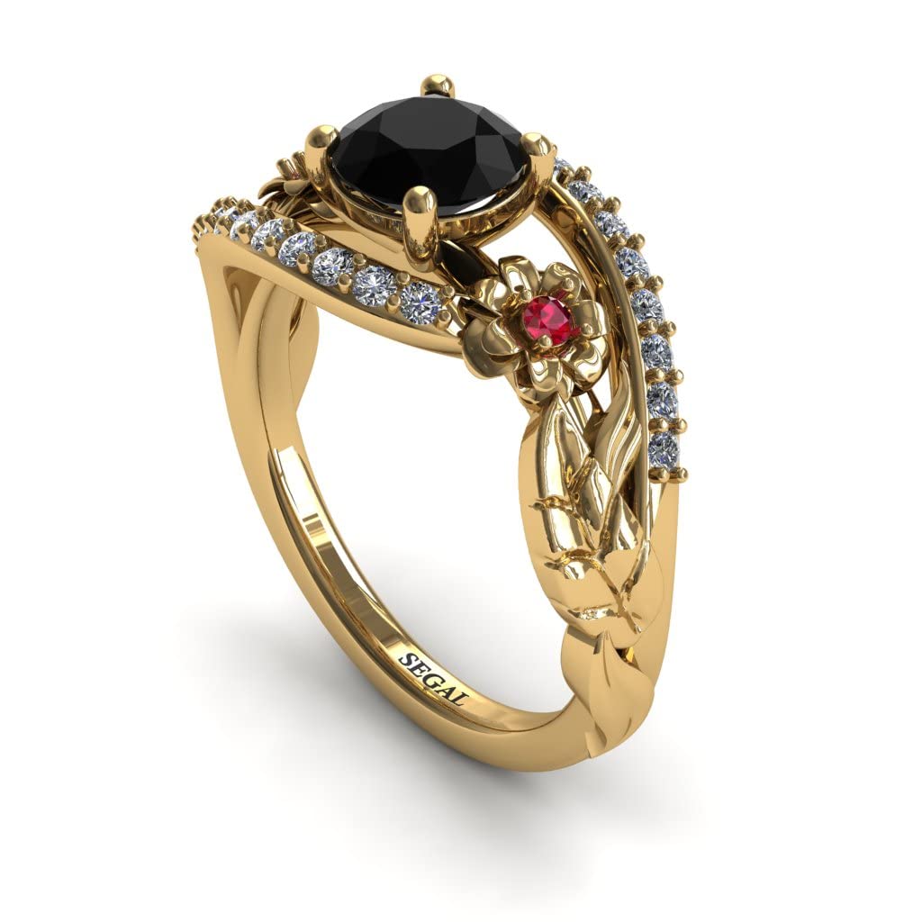 Exquisite 14K Yellow Gold Unique Engagement Ring with Black Diamond, Ruby & White Diamond Floral Leaf Design - Perfect for Proposals, Anniversaries & Special Occasions