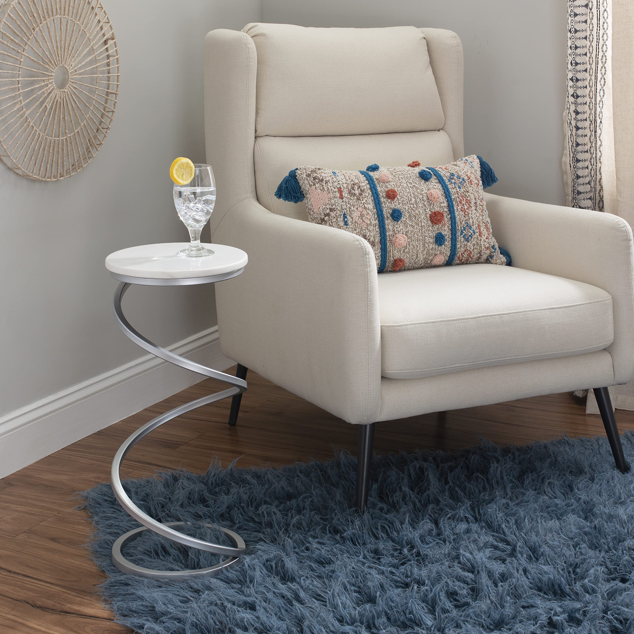 Powell Nora Table - Silver Spiral Metal Base with White Marble Top - Modern Drink Table for Living Room, Bedroom, or Office