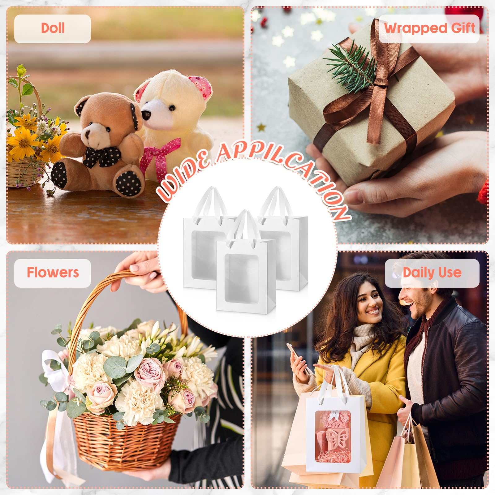 Harloon 48-Piece Kraft Paper Gift Bags with Clear Window - 7.9 x 5.9 x 3.9 Inches, White - Perfect for Bridal Showers, Baby Showers, Birthday Parties & Mother's Day Gifts | Eco-Friendly Party Favors & Wedding Favor Bags