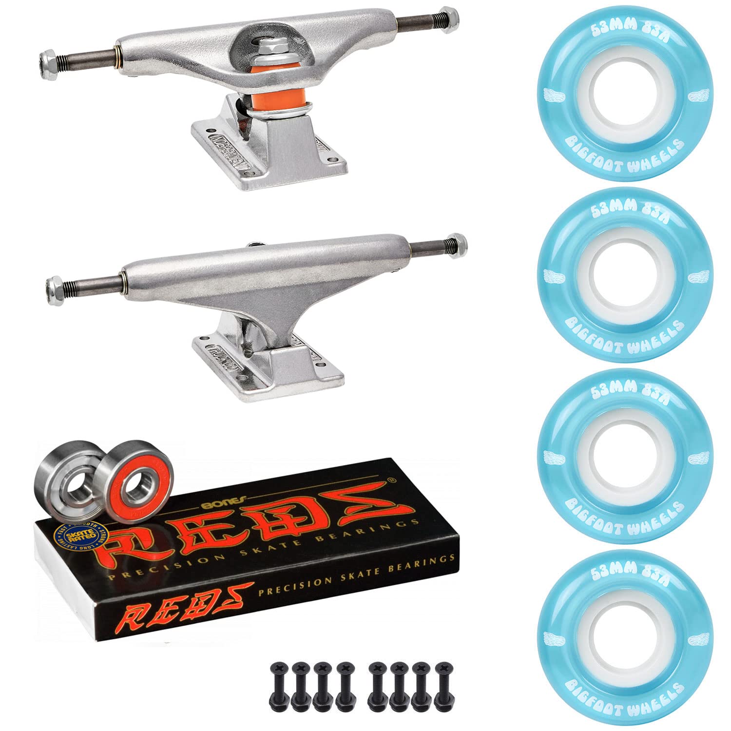 Independent Skateboard Trucks Complete Kit with 53mm Bigfoot Soft 83A Wheels, Bones Reds Bearings, 1