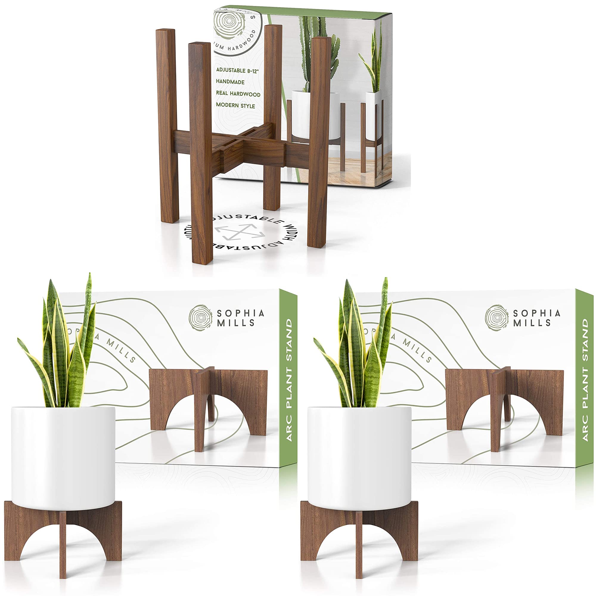 Adjustable Mid Century Modern Plant Stand Set - 3 Pack Bundle with 2 Arched Plant Stands for Indoor Plants, Home Decor, Living Room, Bedroom & Office Decorations