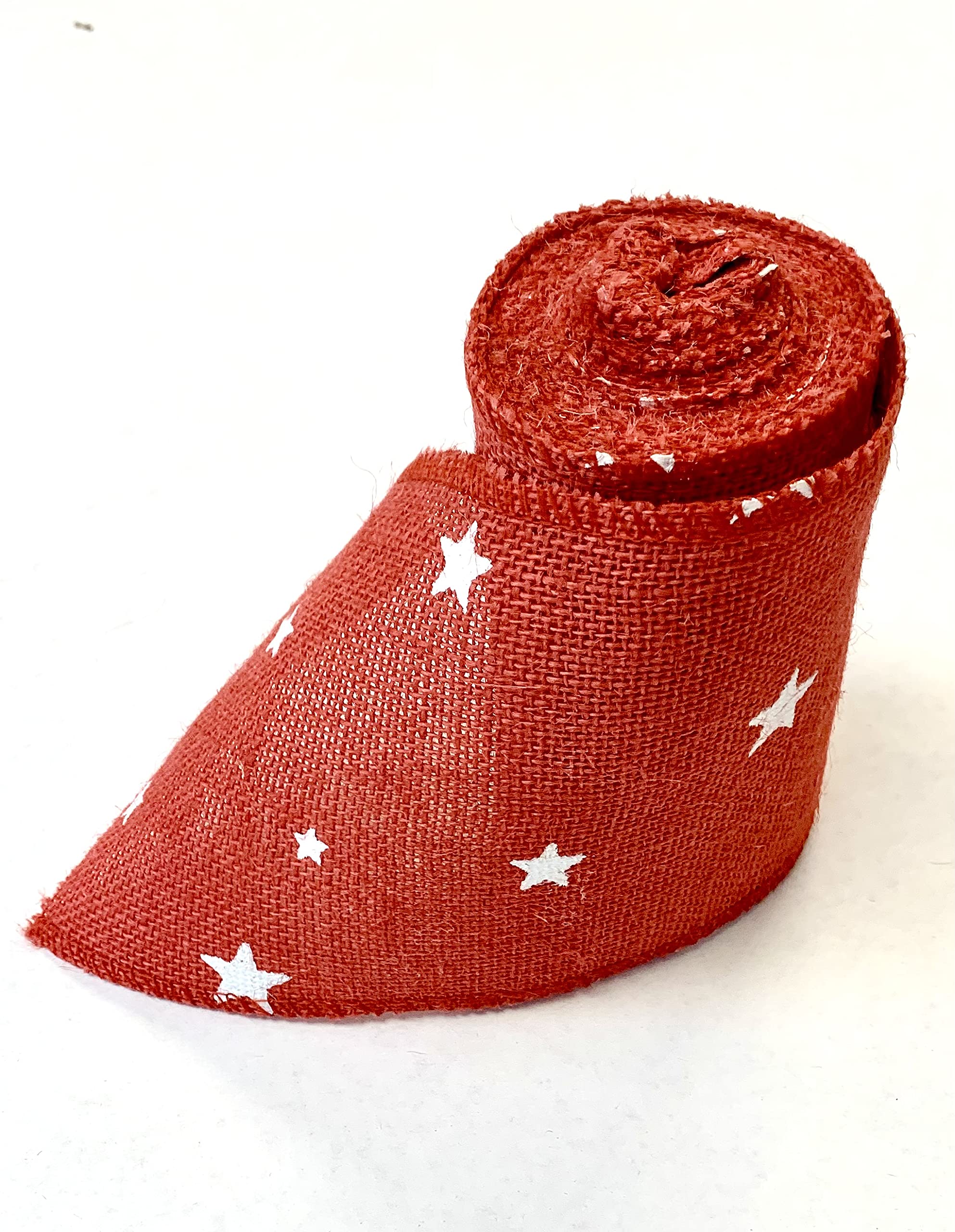5 Inch x 15 Feet Red Burlap Ribbon with Star Print - Natural Jute Fabric, Eco-Friendly Craft Ribbon for Gift Wrapping, Christmas Decorations, DIY Projects and Party Decor
