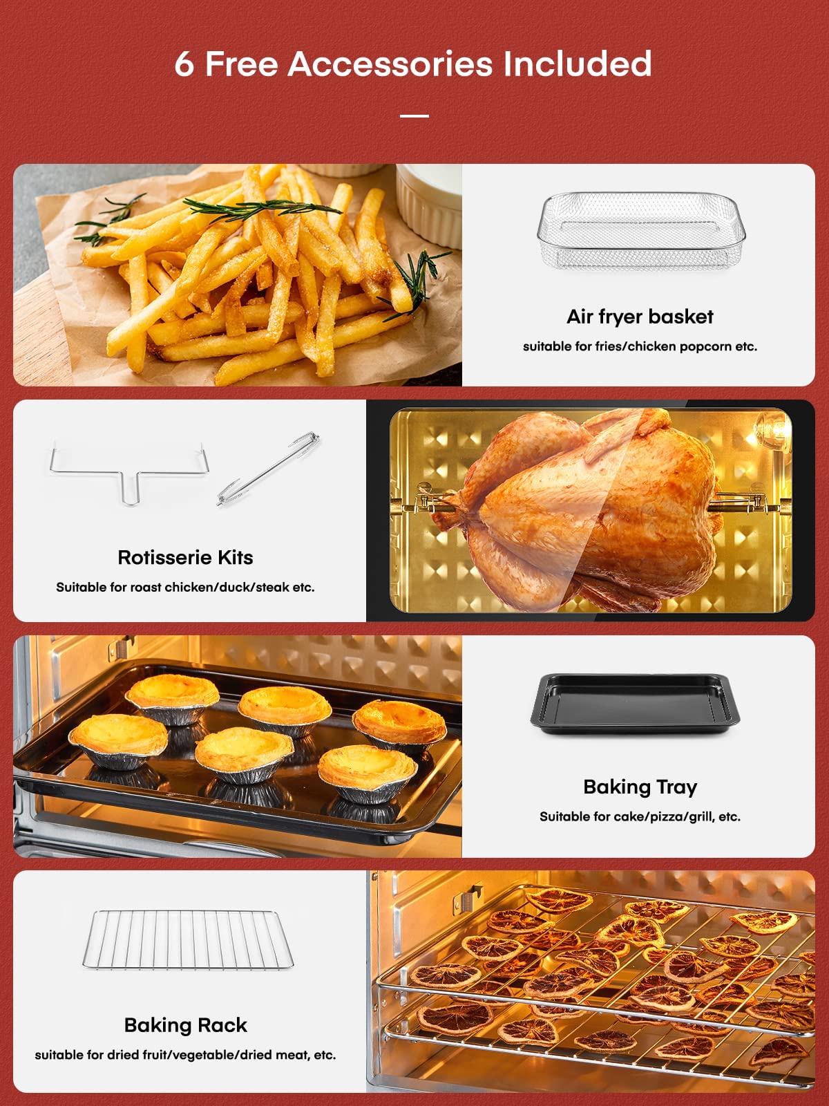 FOHERE 23L Air Fryer Oven with Rotisserie - 6-in-1 Multi-Function Countertop Convection Oven, Oil-Free Cooking, Energy Saving Independent Temp Control, Includes 6 Accessories & 100 Recipes (1700W) - Perfect for Small Kitchens, Healthy Meals, and Quick Family Dinners