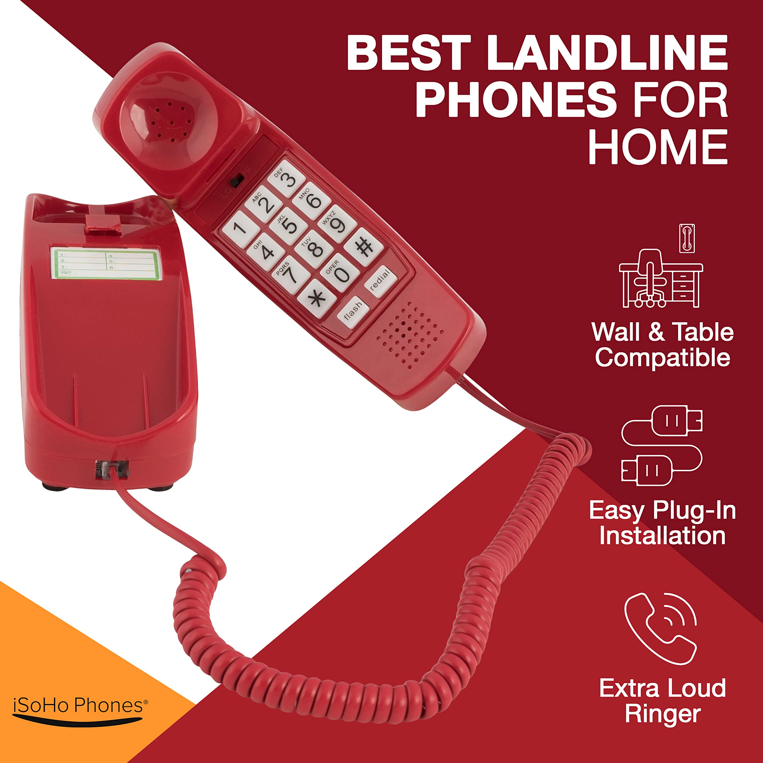 iSoHo Hearing Aid Compatible Phone - Easy-to-Press Buttons, Wall Mountable, Adjustable Volume & Ringer with Lighted Keypad - Perfect for Seniors & Arthritis Sufferers - Crimson Red