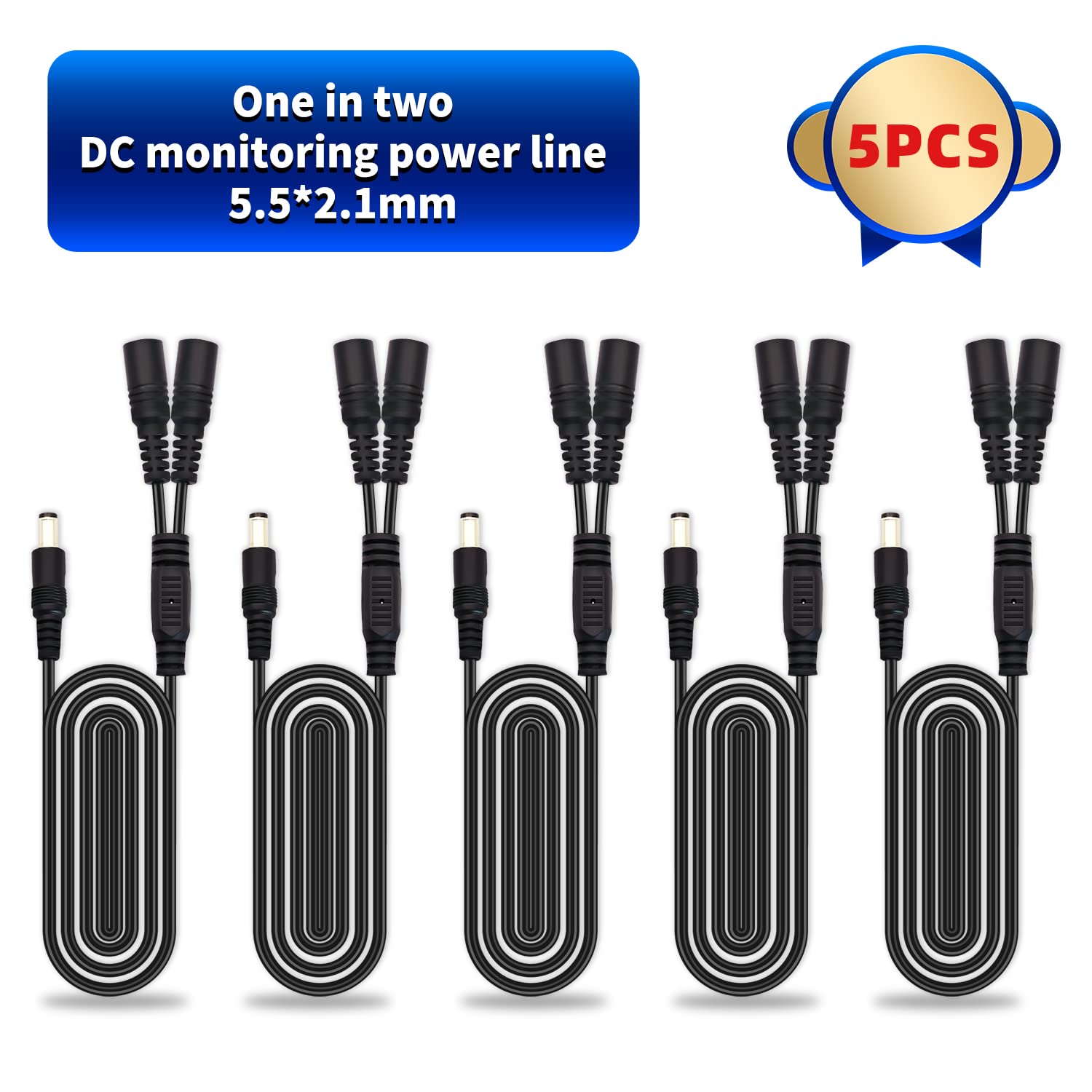 2.1mm DC Power Splitter Cable 5-Pack - 5.5mm x 2.1mm Male to Dual Female Y Adapter Extension Cord for CCTV Cameras, LED Strips, Security Systems & Home Electronics
