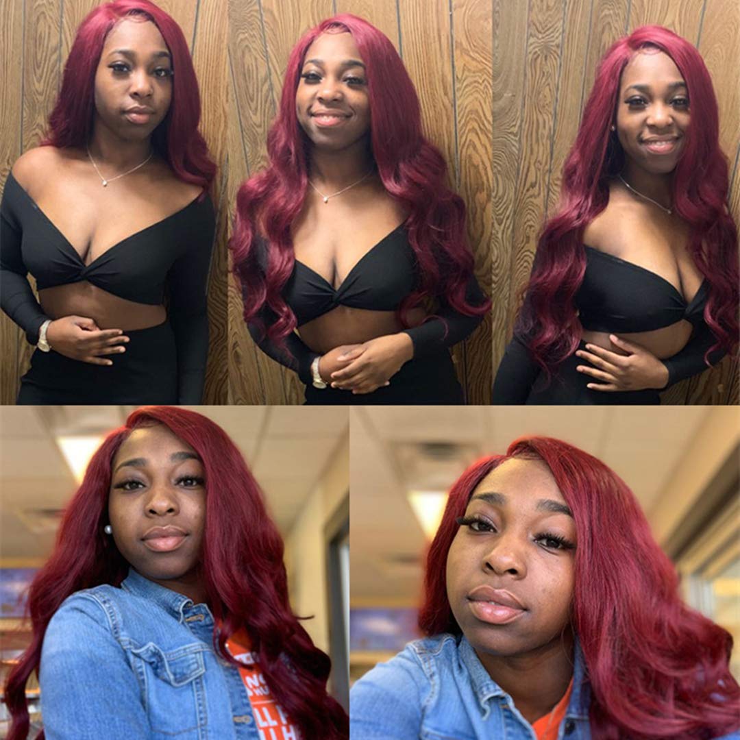 99J Wine Red Brazilian Virgin Human Hair Weaves - 4X4 Lace Closure & 3 Bundles (16 18 20 with 16C) | Mink Burgundy Body Wave Pre-Plucked Hairline with Baby Hair | Perfect for Protective Styles, Wig Making & Everyday Glam