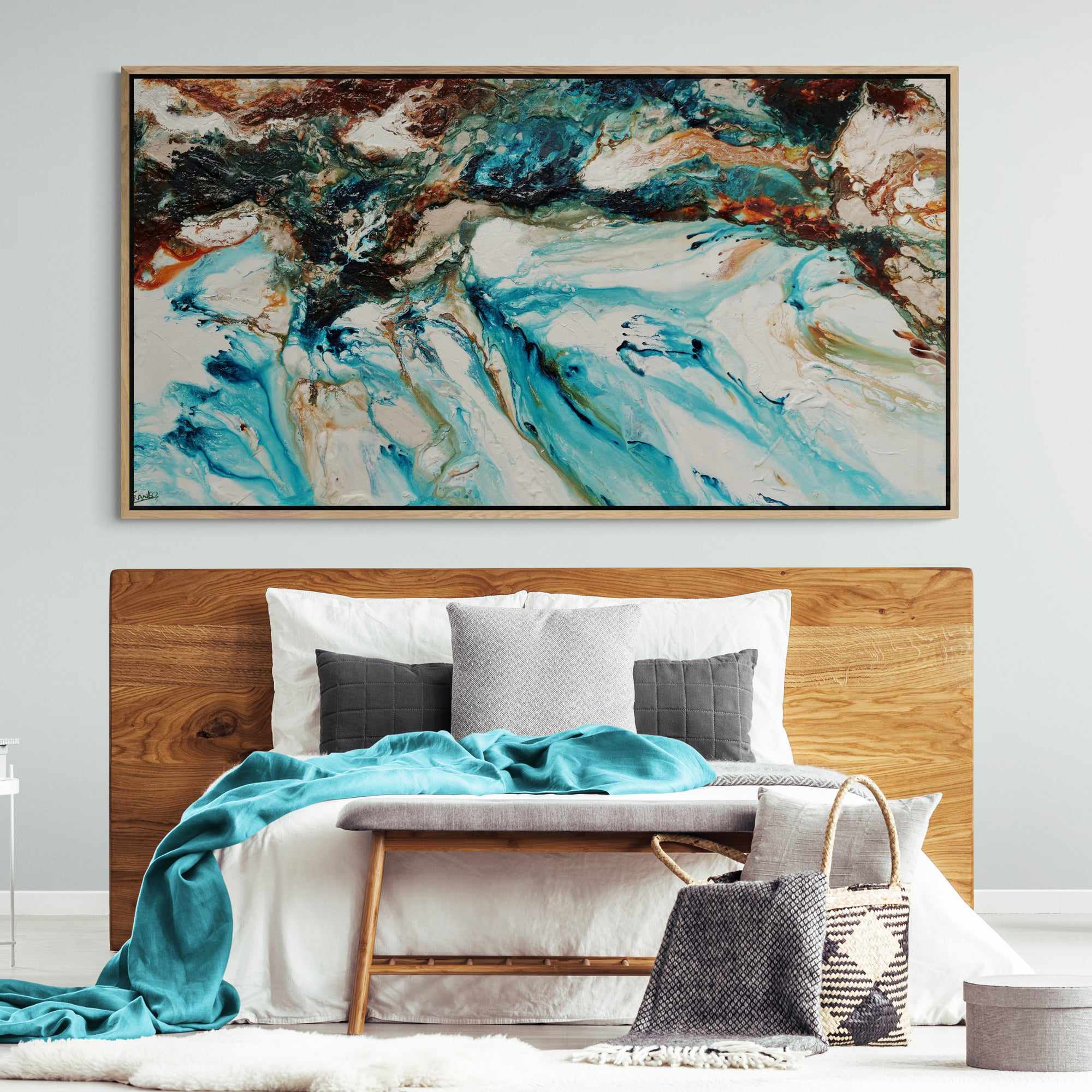 190cm x 100cm Teal White Textured Abstract Painting - Coastal Wave Inspired Wall Art for Living Room, Bedroom & Office Decor